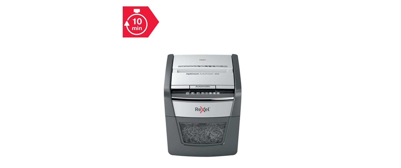 Rexel Optimum AutoFeed+ 45X – Aktenvernichter mit Autofeed 45 Blatt, DIN P-4, Partikelschnitt 4 × 28 mm, 20 l