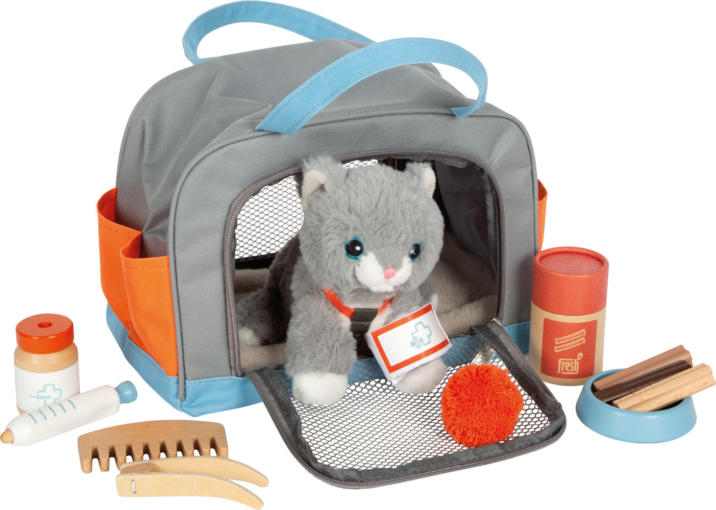 Small foot Plüschtier Katze, Pflege-Set – 14-teilig – ab 2 Jahren – Plüsch/Stoff/Holz, mehrfarbig