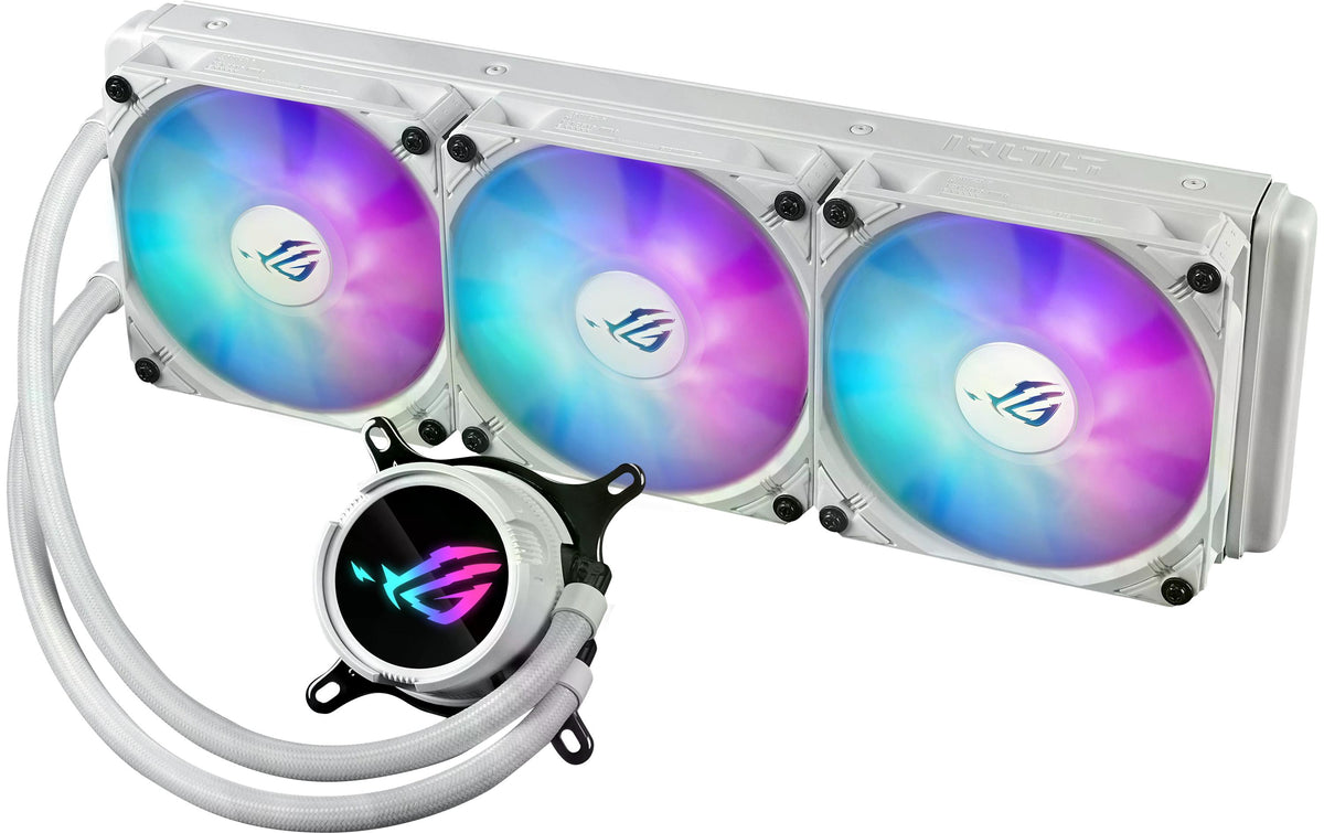 ASUS ROG STRIX LC III 360 ARGB WH – Flüssigkeitskühler – 360 mm Radiator, 3×120 mm Lüfter, LCD, Weiss