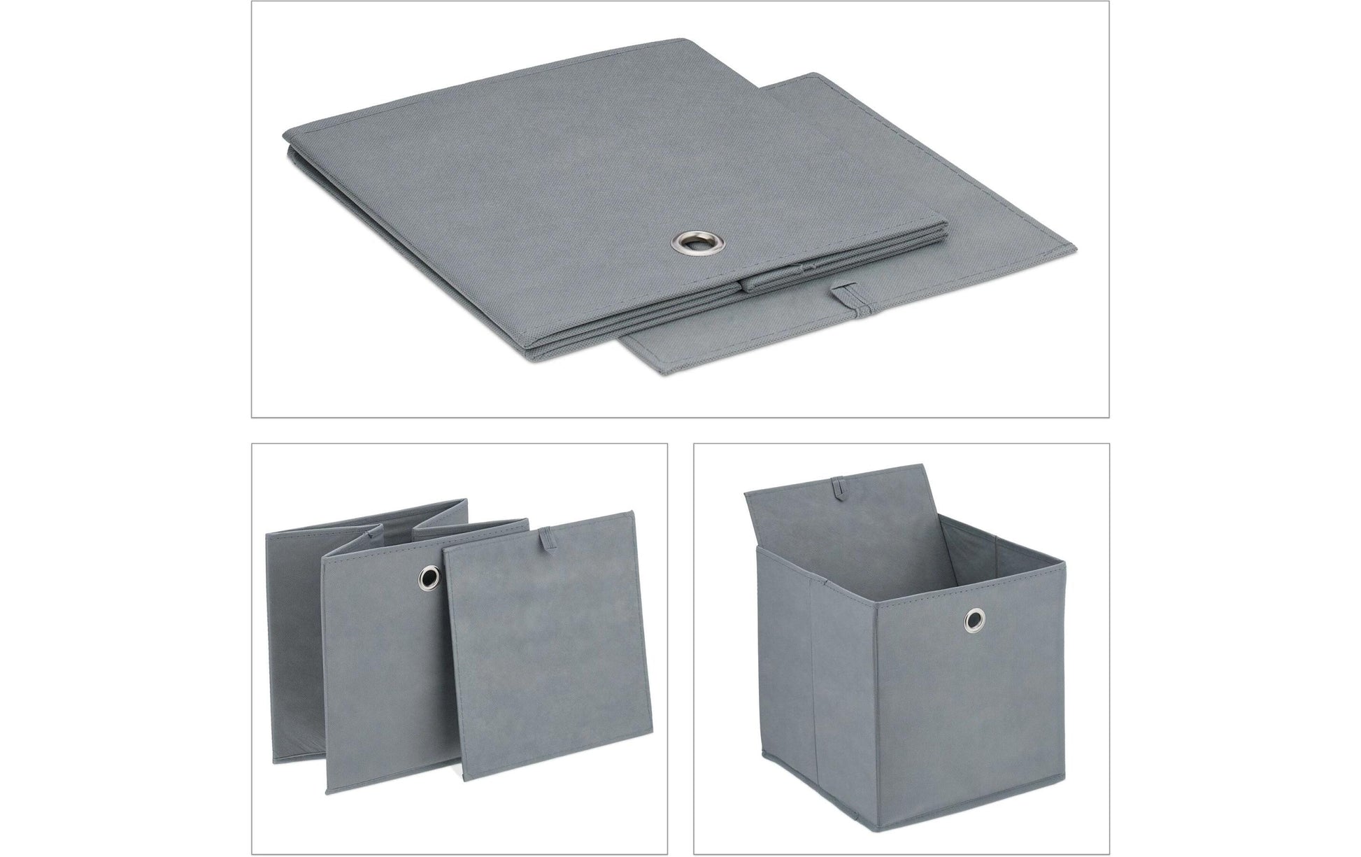Relaxdays Aufbewahrungsbox – Karton, Vlies, Eisen – Grau – 300 × 300 × 300 mm – 4-teiliges Set