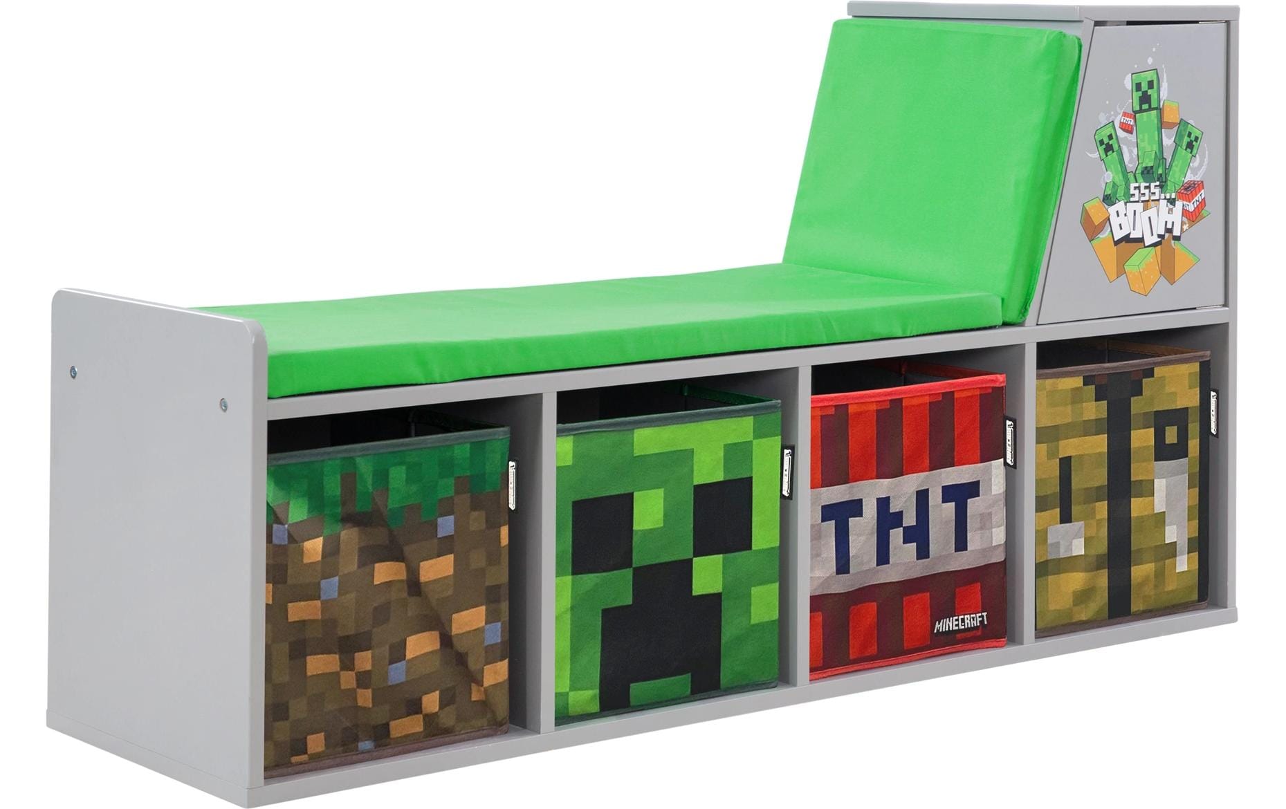 Phoenix Minecraft Sitzbank/Leseregal – 4 Böden – 119 × 30 × 60 cm – Grau/Mehrfarbig