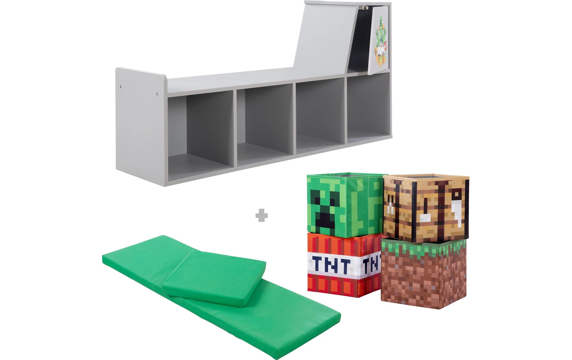 Phoenix Minecraft Sitzbank/Leseregal – 4 Böden – 119 × 30 × 60 cm – Grau/Mehrfarbig