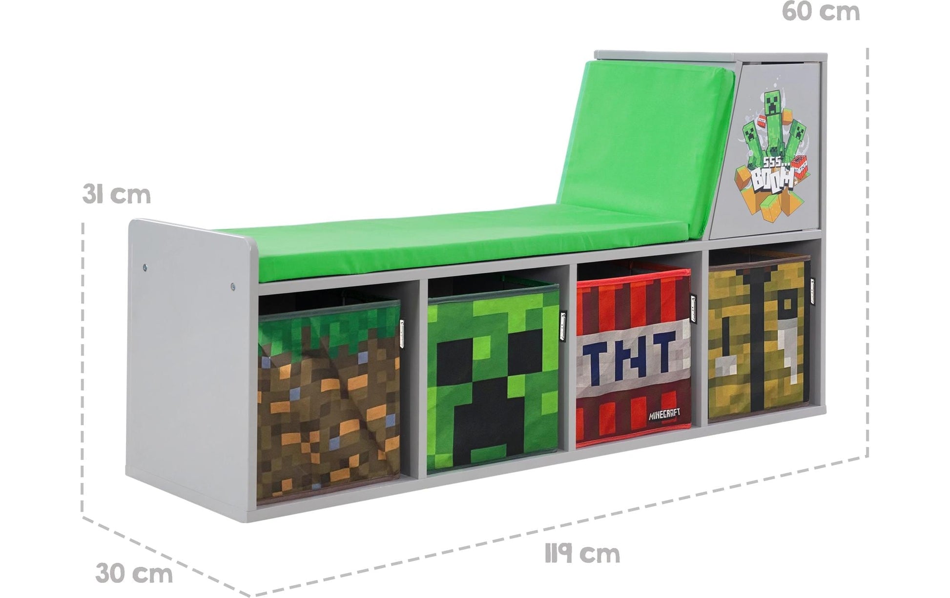 Phoenix Minecraft Sitzbank/Leseregal – 4 Böden – 119 × 30 × 60 cm – Grau/Mehrfarbig