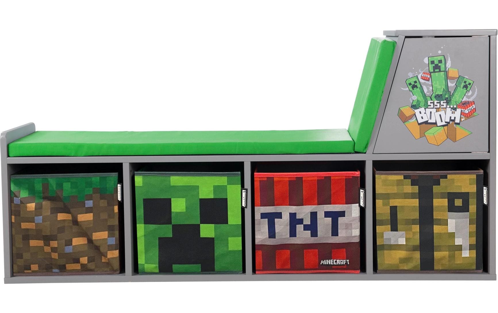 Phoenix Minecraft Sitzbank/Leseregal – 4 Böden – 119 × 30 × 60 cm – Grau/Mehrfarbig