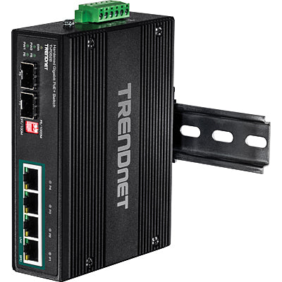 TRENDnet TI-PG62B – Unmanaged L2 Switch – 5× 1G (4× PoE+), 2× SFP, PoE-Budget 120 W, DIN-Rail