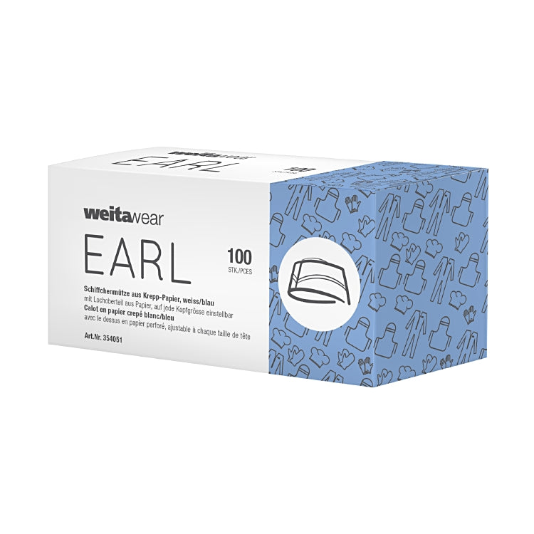Weitawear Schiffchenmützen Earl – Einheitsgrösse, 100 Stück (Dispenser) – Krepp-Papier, Weiss/Blau