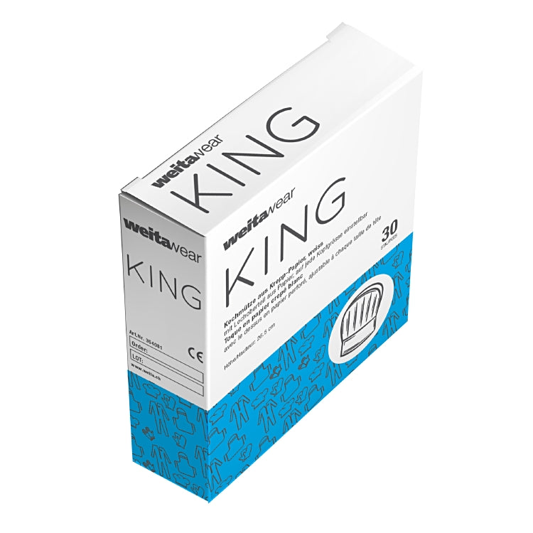 Weitawear Kochmütze King – grössenverstellbar, 30 Stück – Weiss, Krepp, bedruckbar – Höhe 23,5 cm
