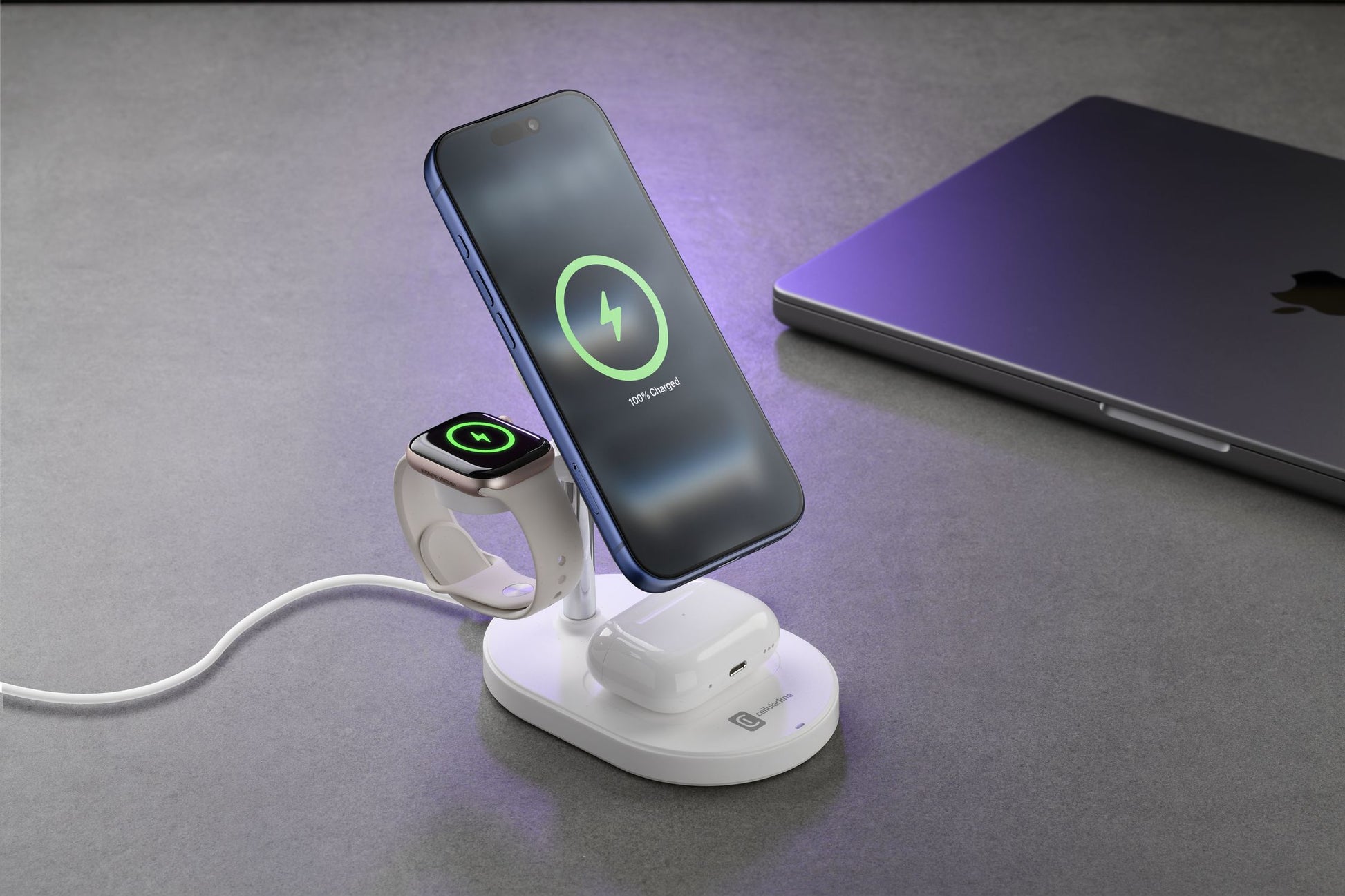 Cellularline Mag Trio 3-in-1 Ladeständer – Qi2 – 25 W/5 W – für iPhone/Apple Watch/AirPods – Weiss