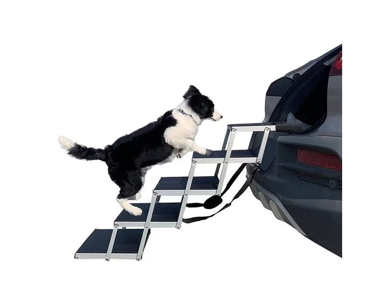 SwissPet Hundetreppe – 5 Stufen, zusammenklappbar, bis 68 kg – 93 × 43 × 63,5 cm – Schwarz/Silber