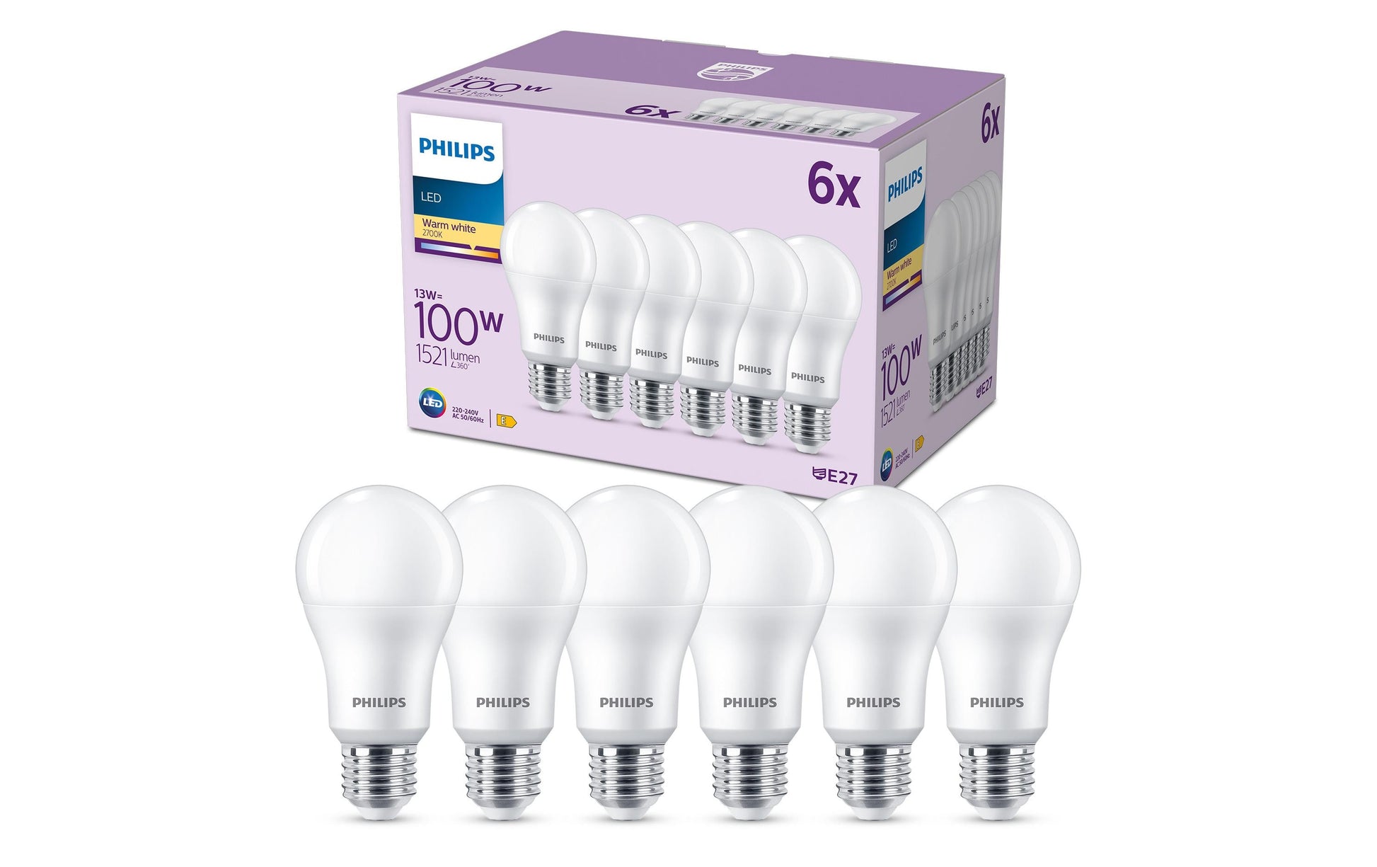 Philips by Signify Philips LED-Leuchtmittel E27 A-Form – 1521 lm, 13 W, Warmweiss 2700 K, 150° – 6 Stk., Weiss, Kunststoff