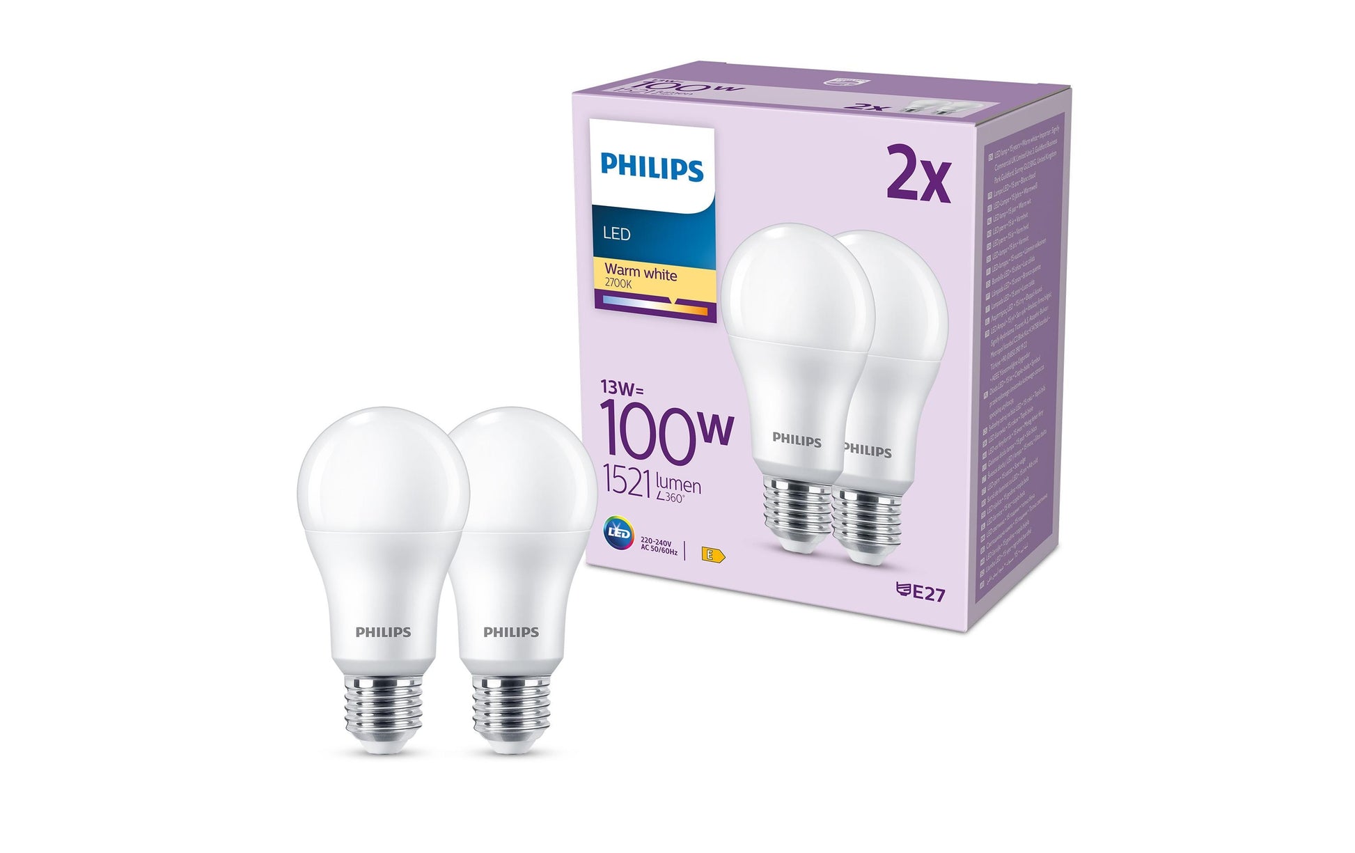 Philips by Signify Philips LED-Leuchtmittel E27 A-Form – Warmweiss 2700 K, 1521 lm, 13 W – IP20 – 2 Stk. – Weiss/Aluminium