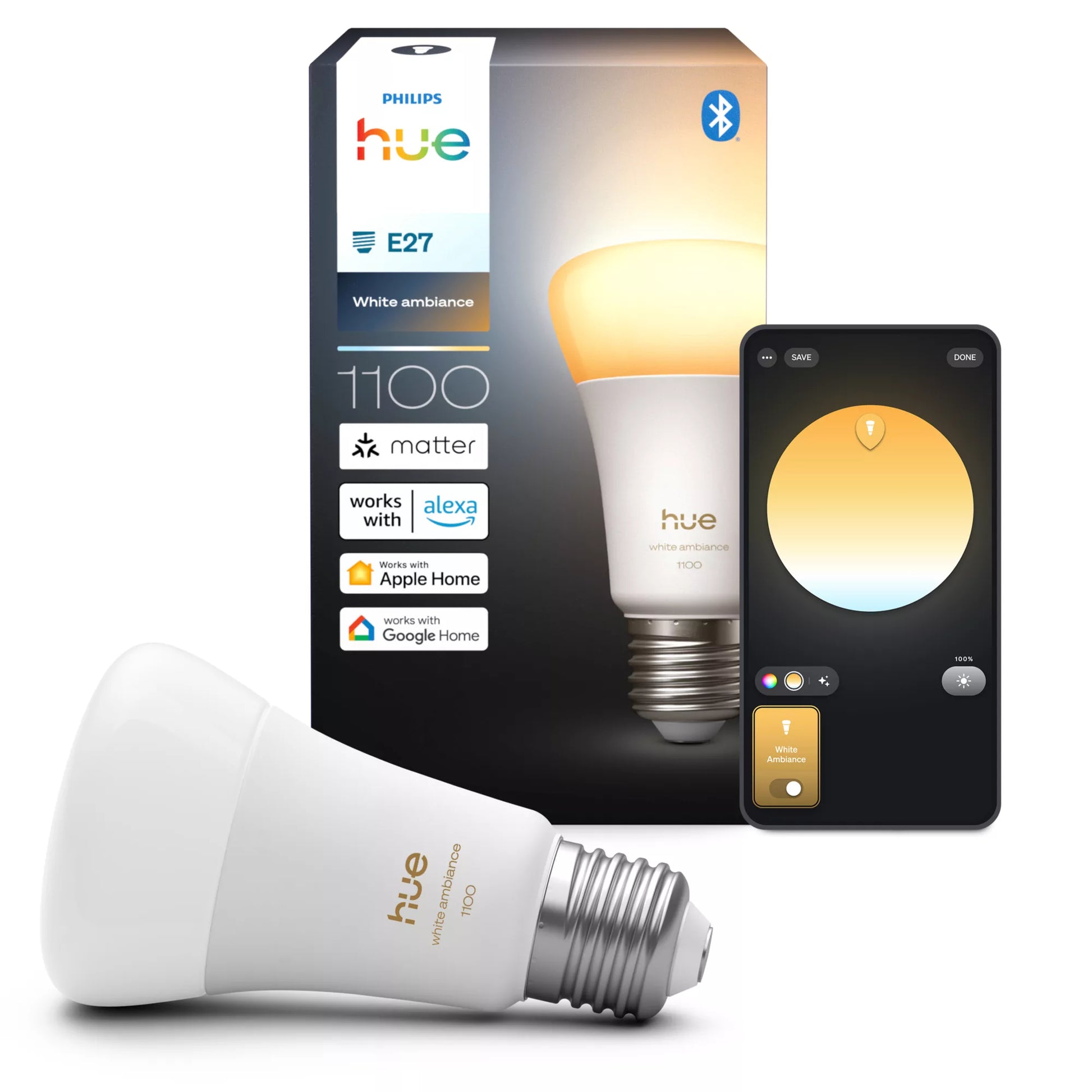 Philips by Signify Philips Hue Smart-Leuchtmittel E27 White Ambiance – 1100 lm, einstellbar, dimmbar, Bluetooth/Zigbee – Weiss