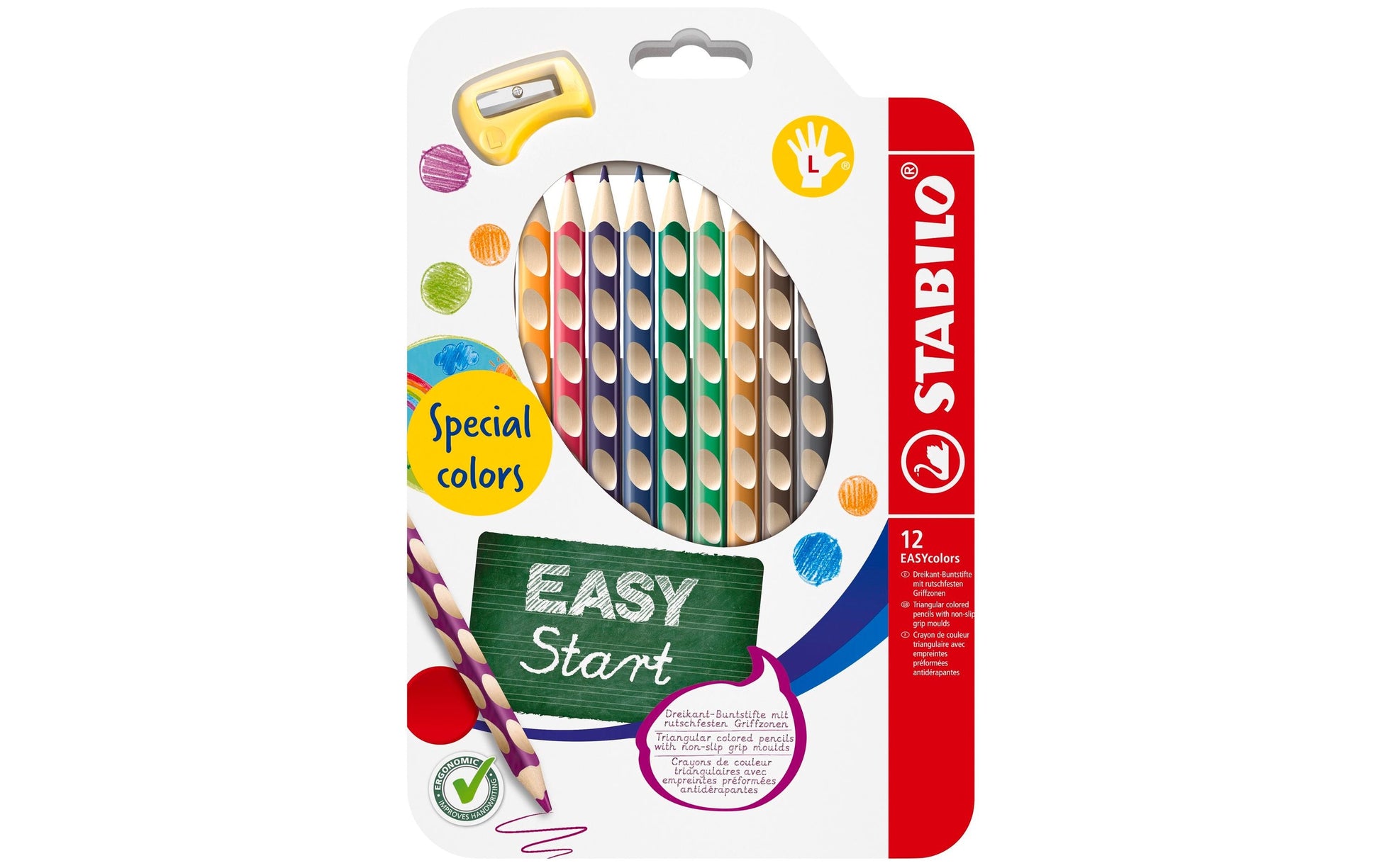 STABILO Buntstifte EASYcolors L – Dreikant, Minen-Ø 4,2 mm, 12 Farben, in Kartonetui, mit Spitzer