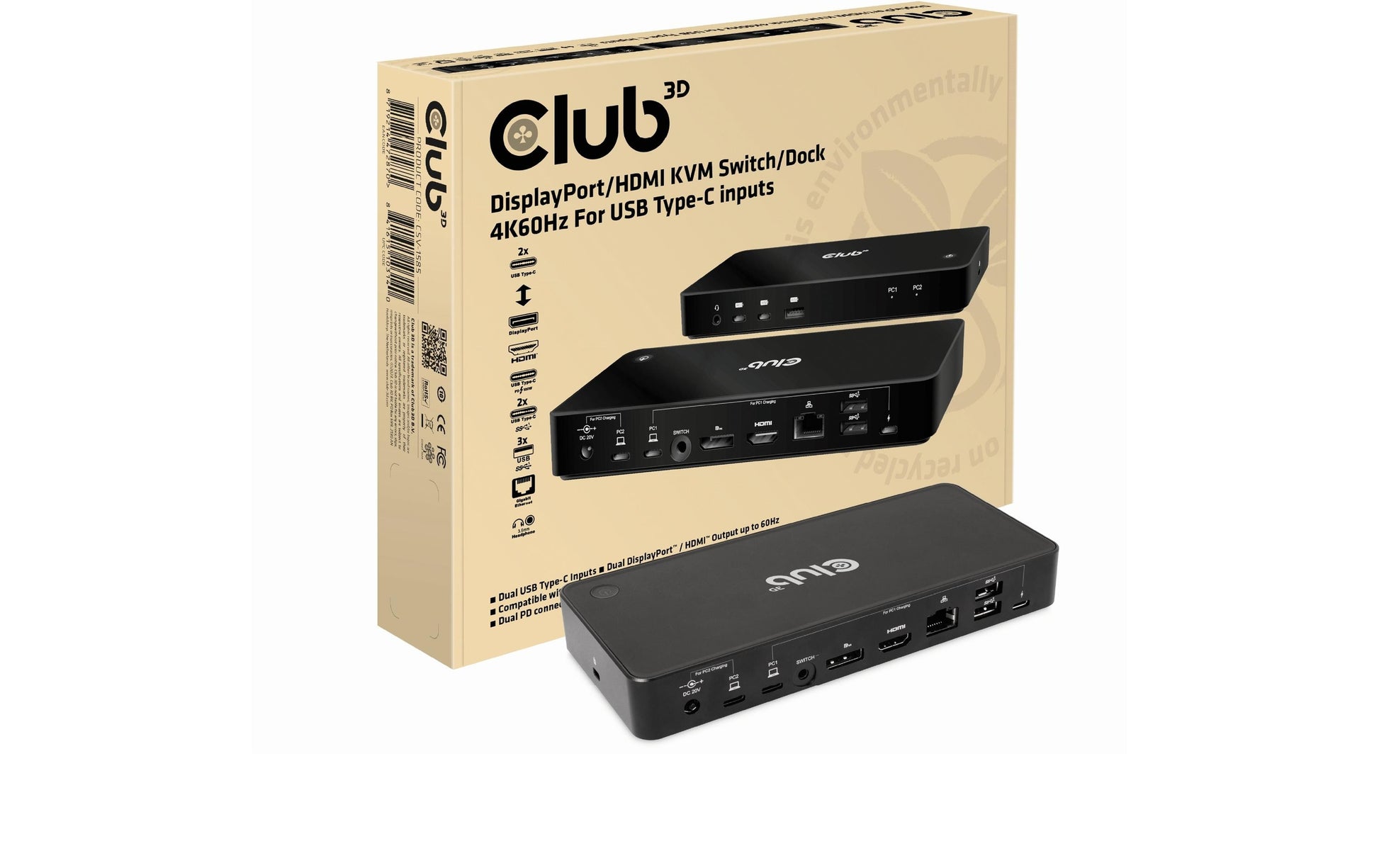 CLUB3D Club 3D – KVM-Switch, USB-C/3× USB 3.2 Gen 1 Typ A/HDMI/DisplayPort/LAN, PD 120 W, 1 Gbit/s