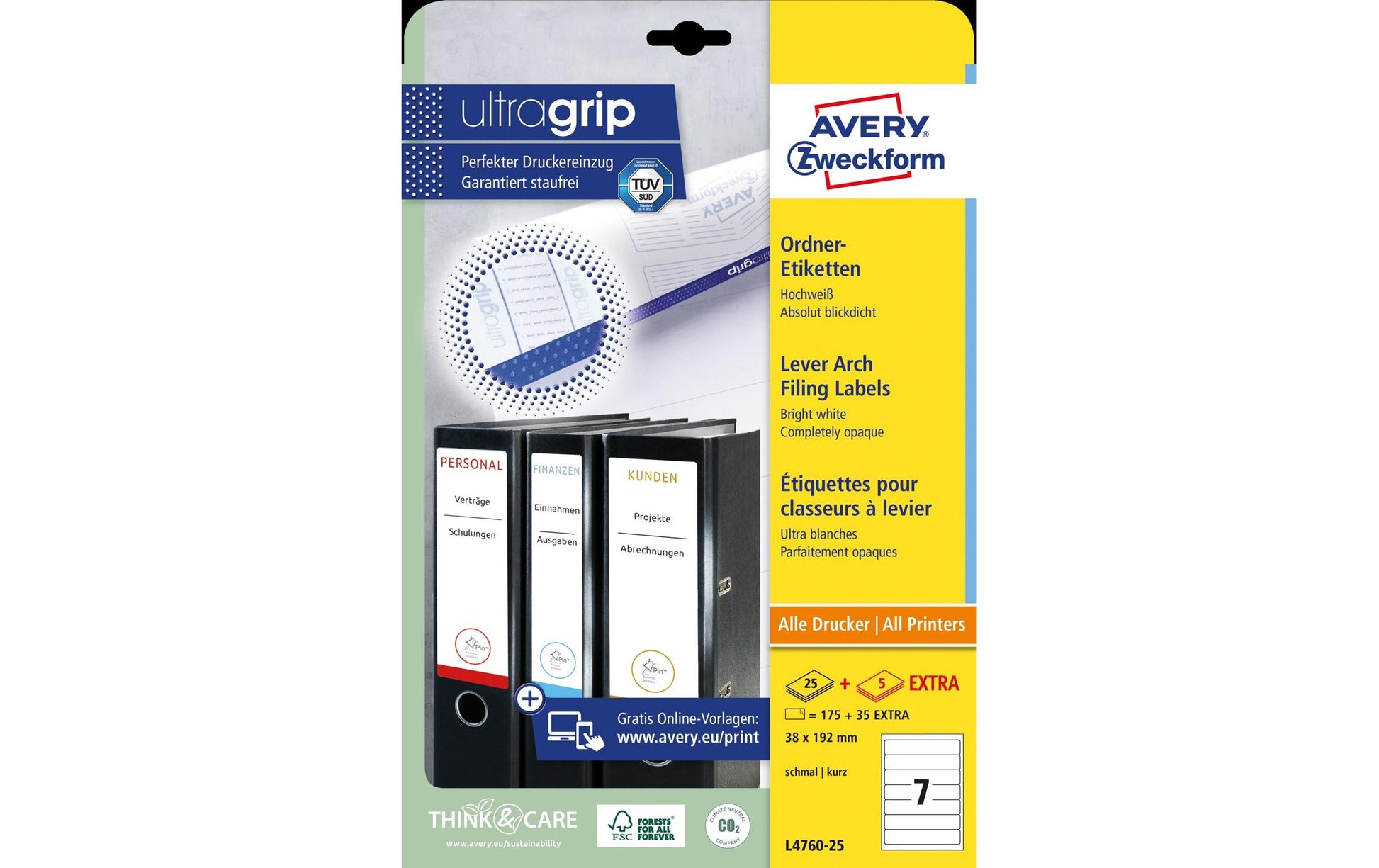 AVERY Zweckform L4760-25 – Ordneretiketten A4 38 × 192 mm – Papier, weiss – Universal – 7 pro Blatt, 25 Blätter