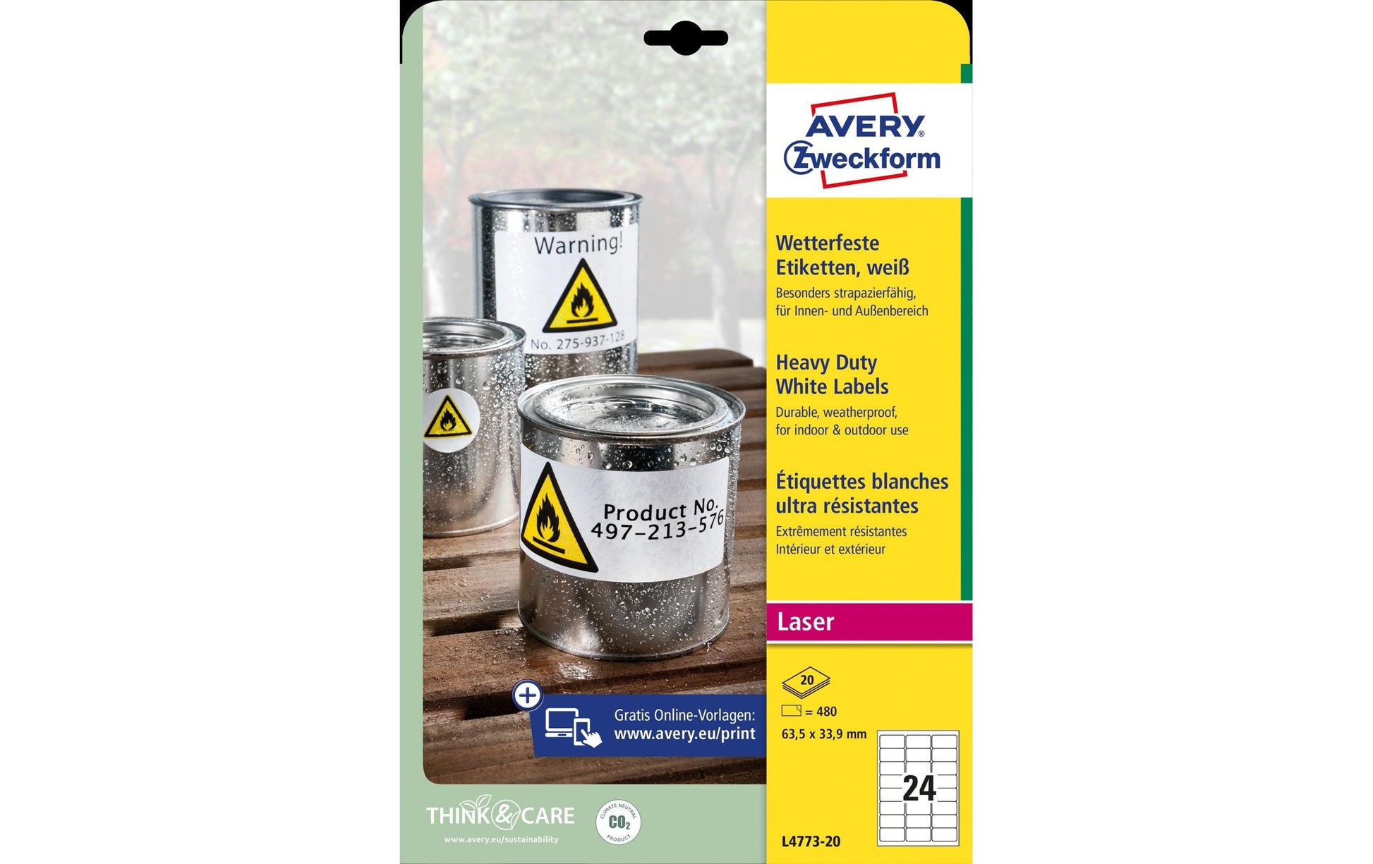 Avery Drucketiketten, 64 mm × 34 mm, weiss, Folie, extra stark, 20 Blätter (480 Etiketten)