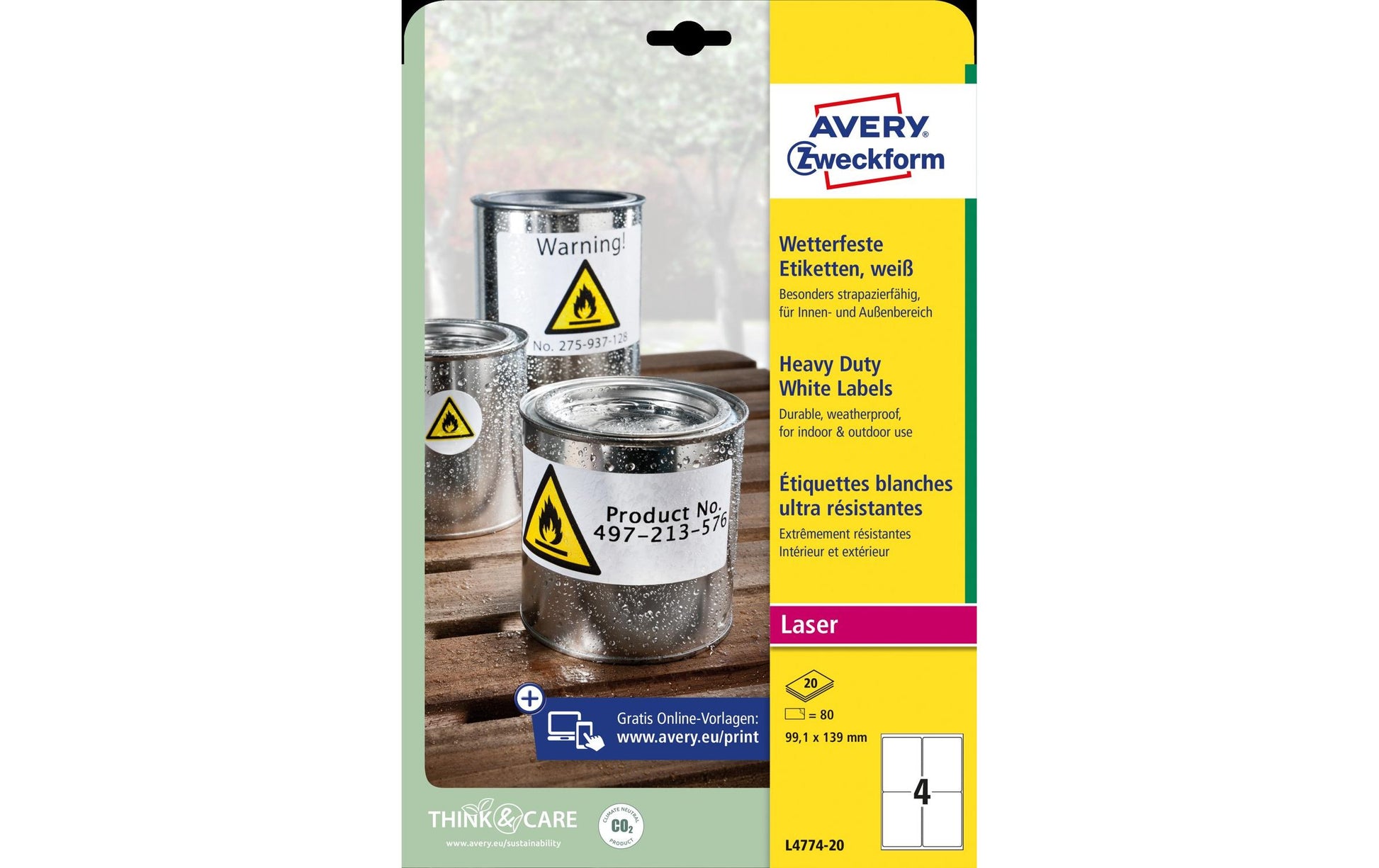 Avery Druckeretiketten, 99 mm × 139 mm, weiss, Folie, extra stark, 20 Blätter (80 Etiketten)