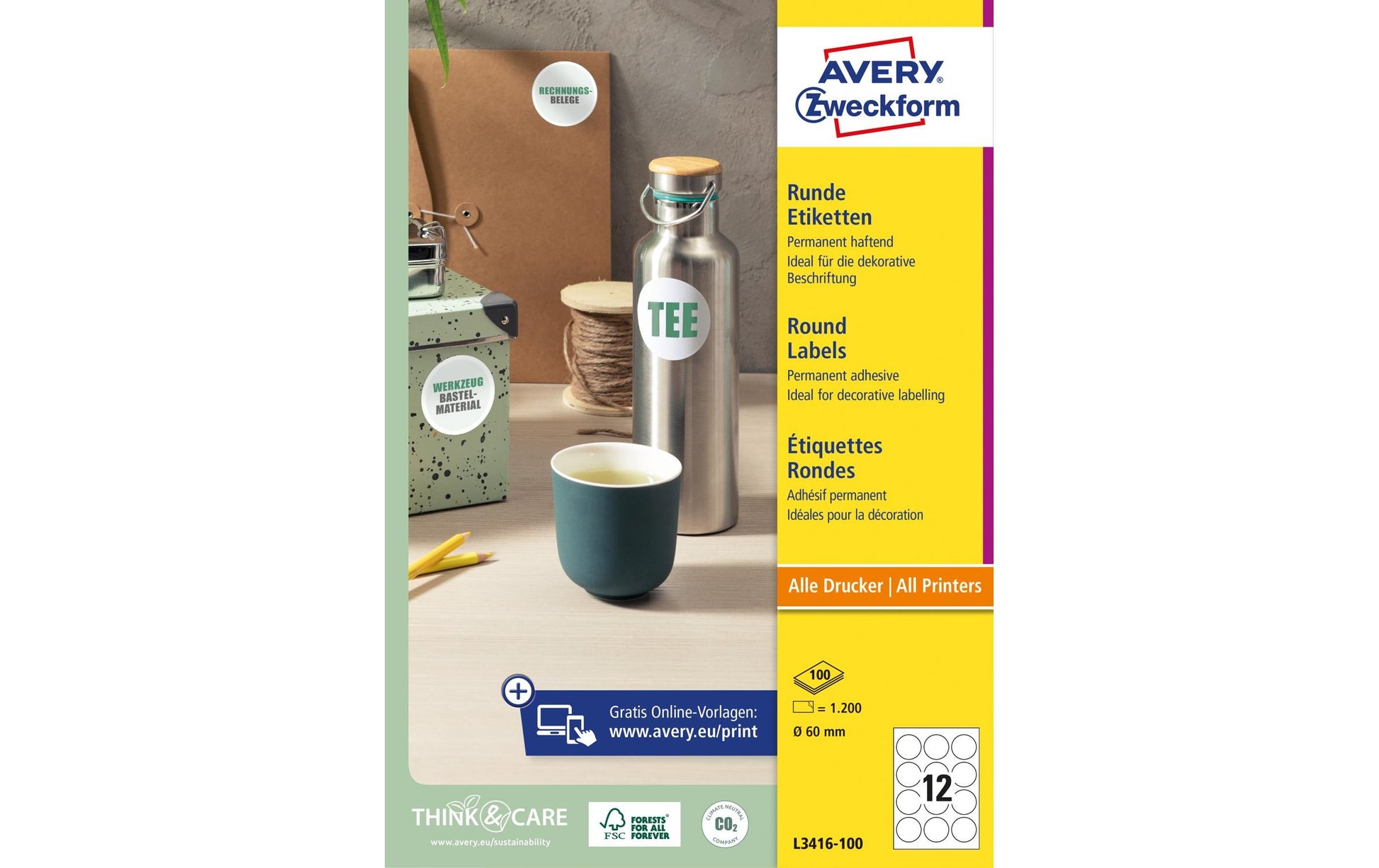 Avery Etiketten A4 Ø 60 mm – Papier – permanent haftend – Laser/Inkjet – 12 pro Blatt, 100 Blätter (1'200 Stk.)