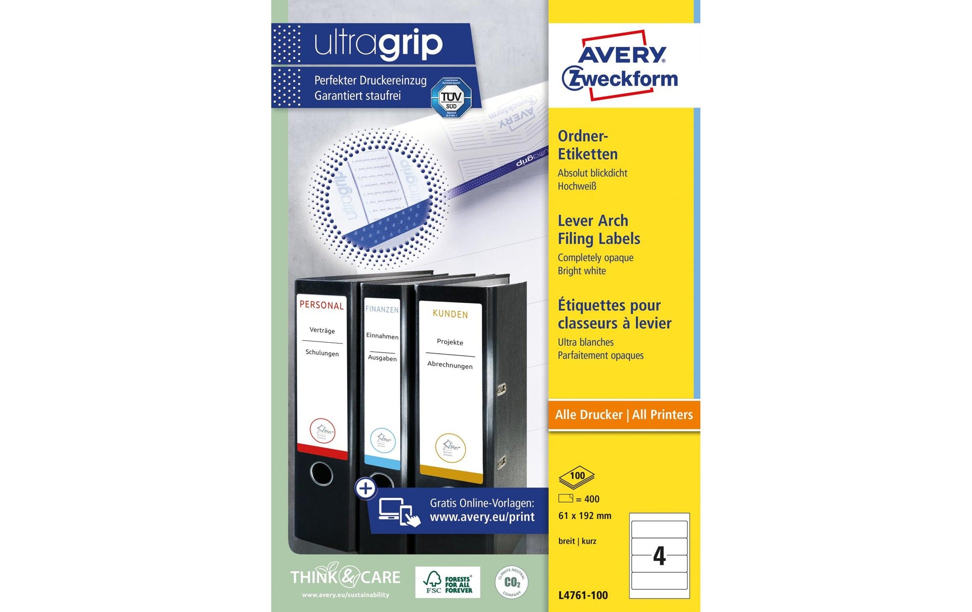 Avery Zweckform Schuletiketten – 61 × 192 mm, Abgerundete Ecken, 400 Stk, 100 Bogen, Papier, Permanent Haftend