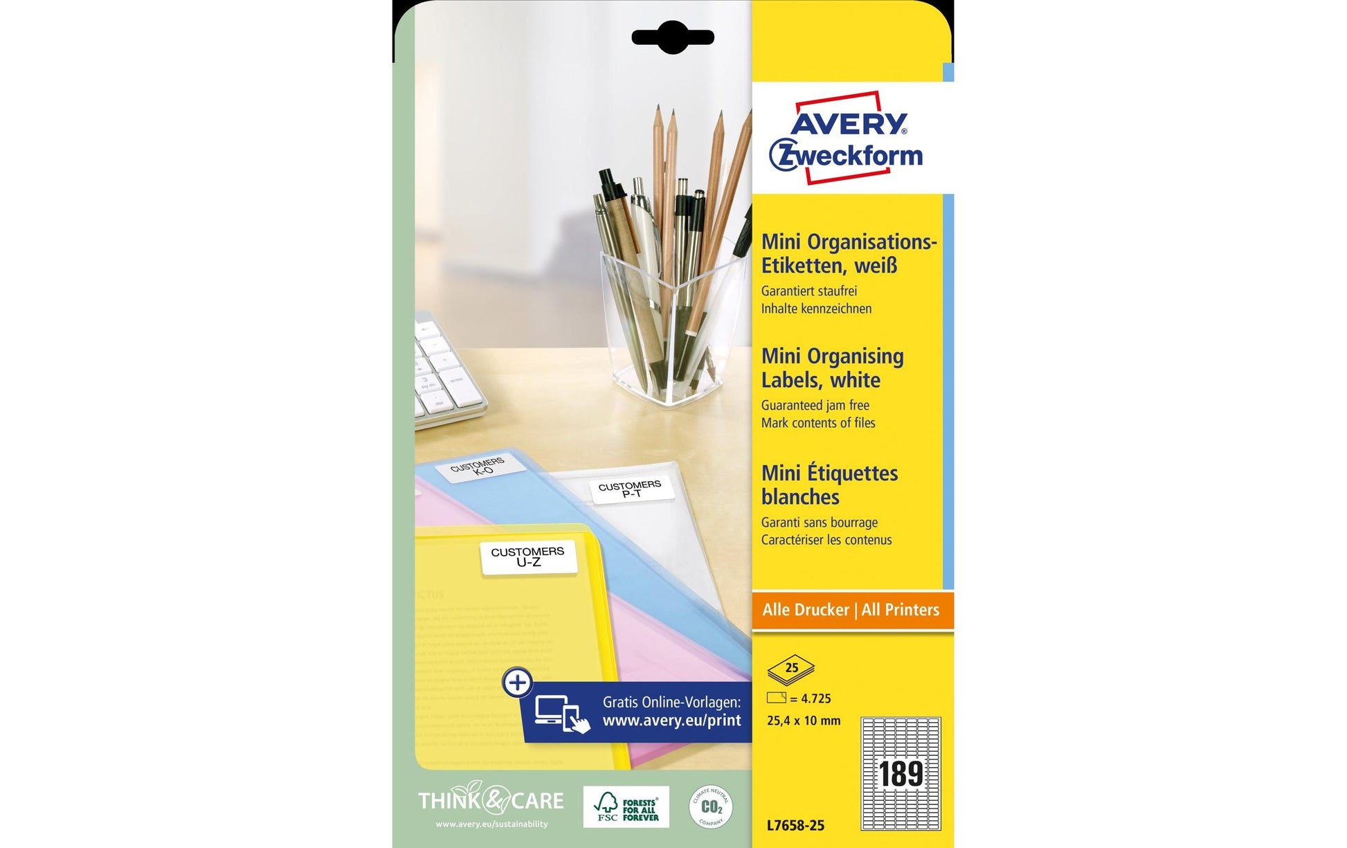 Avery Zweckform – Druckeretiketten, 25 mm × 10 mm, weiss, Papier, permanent, 25 Blätter, 4725 Etiketten