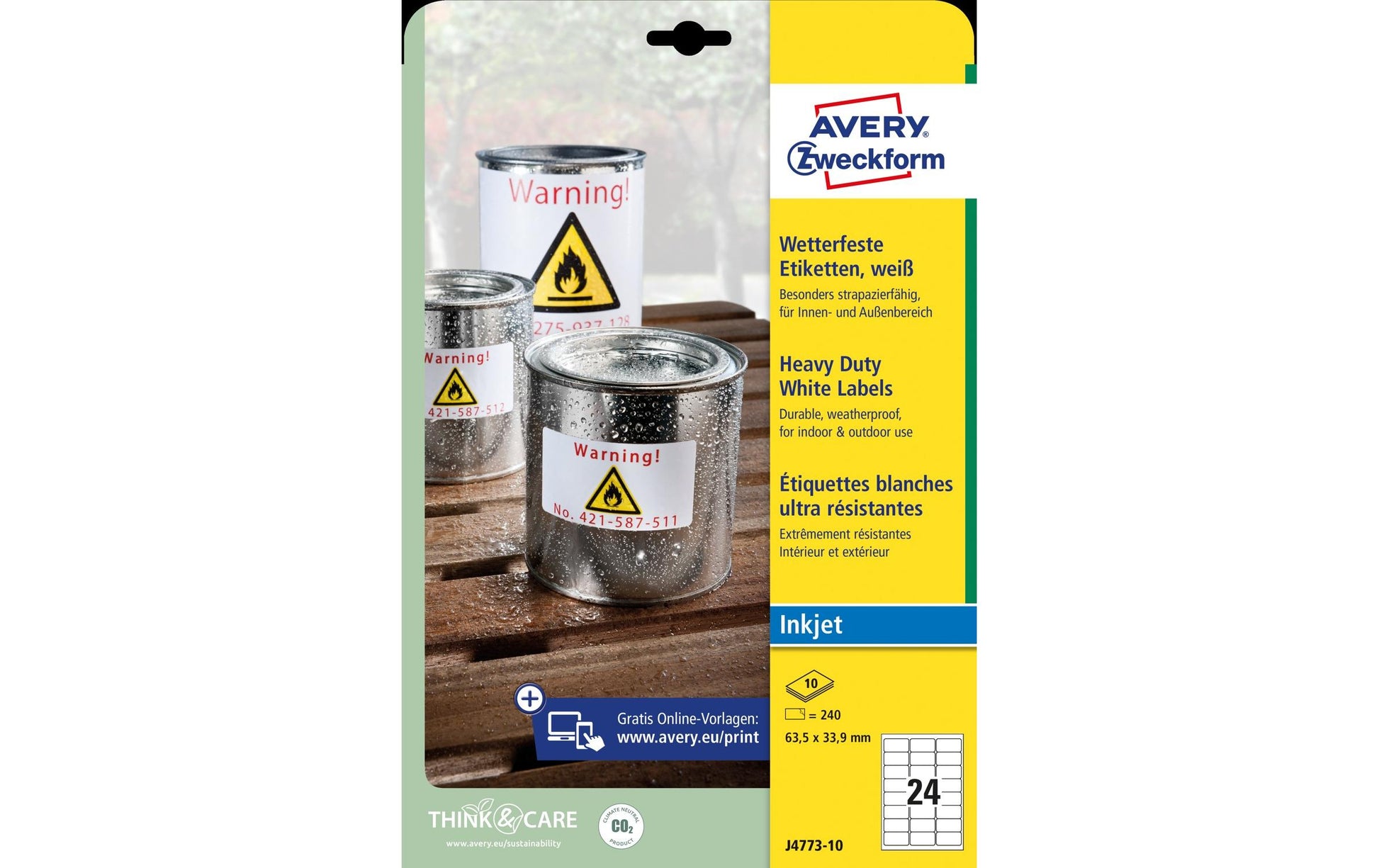 Avery Drucketiketten, 64 mm × 34 mm, weiss, Folie, extra stark, 240 Etiketten (10 Blatt)