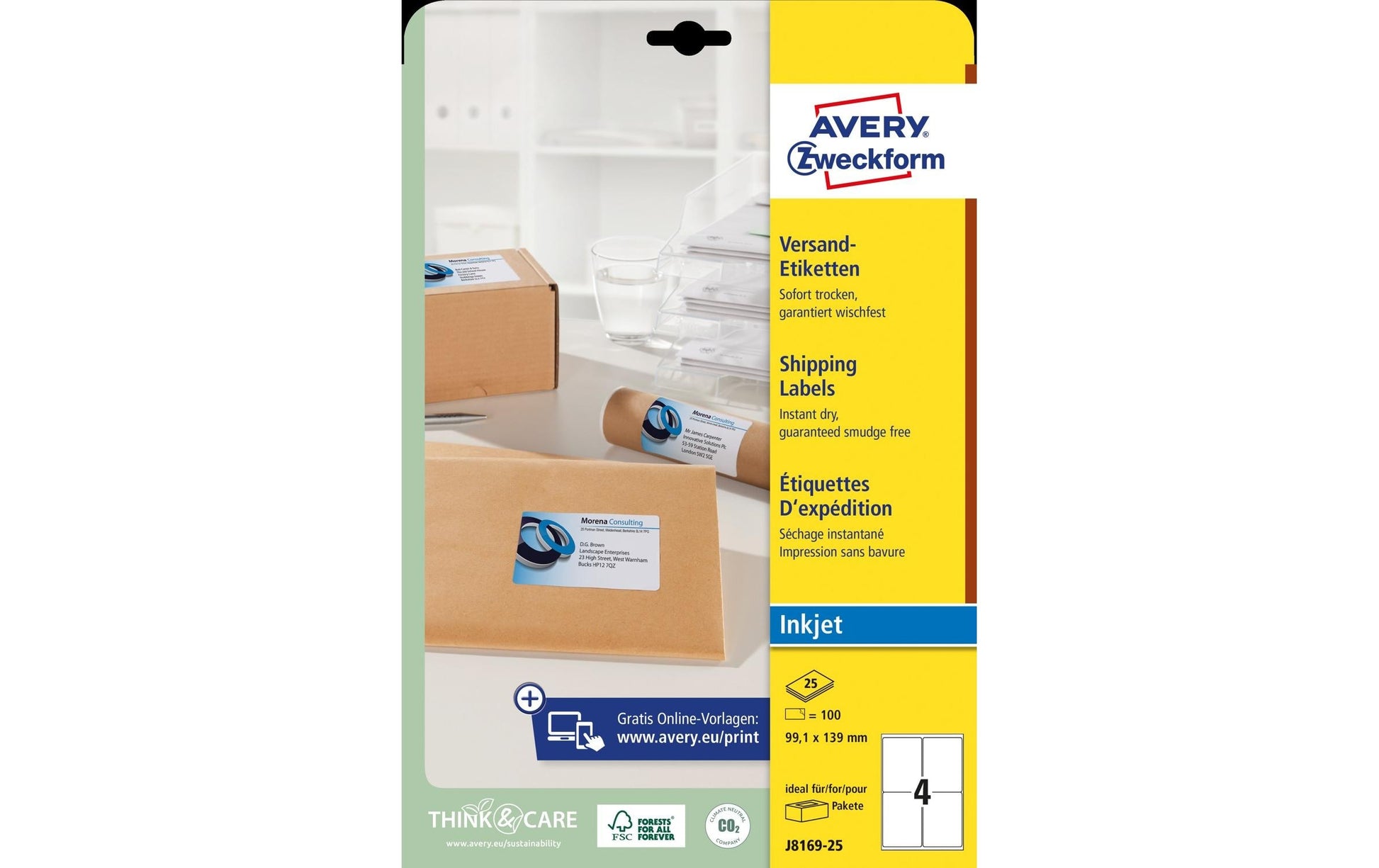 Avery Adress- und Versand-Etiketten, 139 mm × 99 mm, weiss, Papier, selbstklebend, 100 Etiketten (25 Blatt)