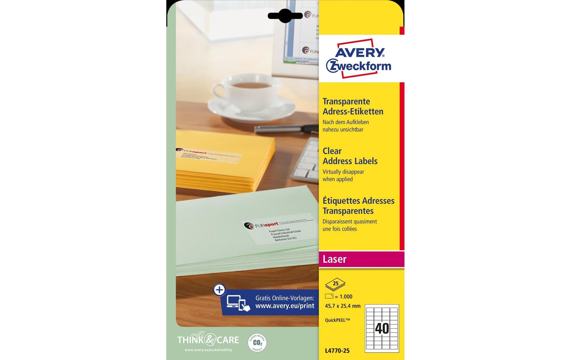 Avery Zweckform – Adressetiketten L4770-25, 46 mm × 25 mm, transparent, für Laserdrucker, 1000 Stk.