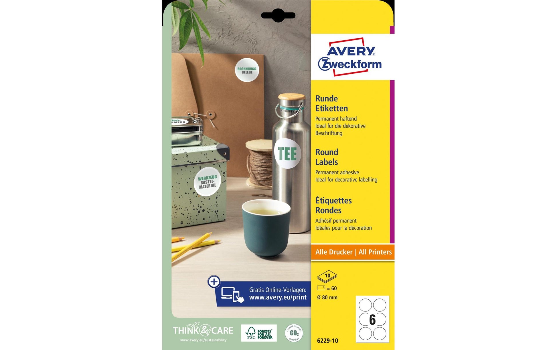 Avery Druckeretiketten, Ø 80 mm, weiss, Papier, permanent, 60 Etiketten (10 Blatt)