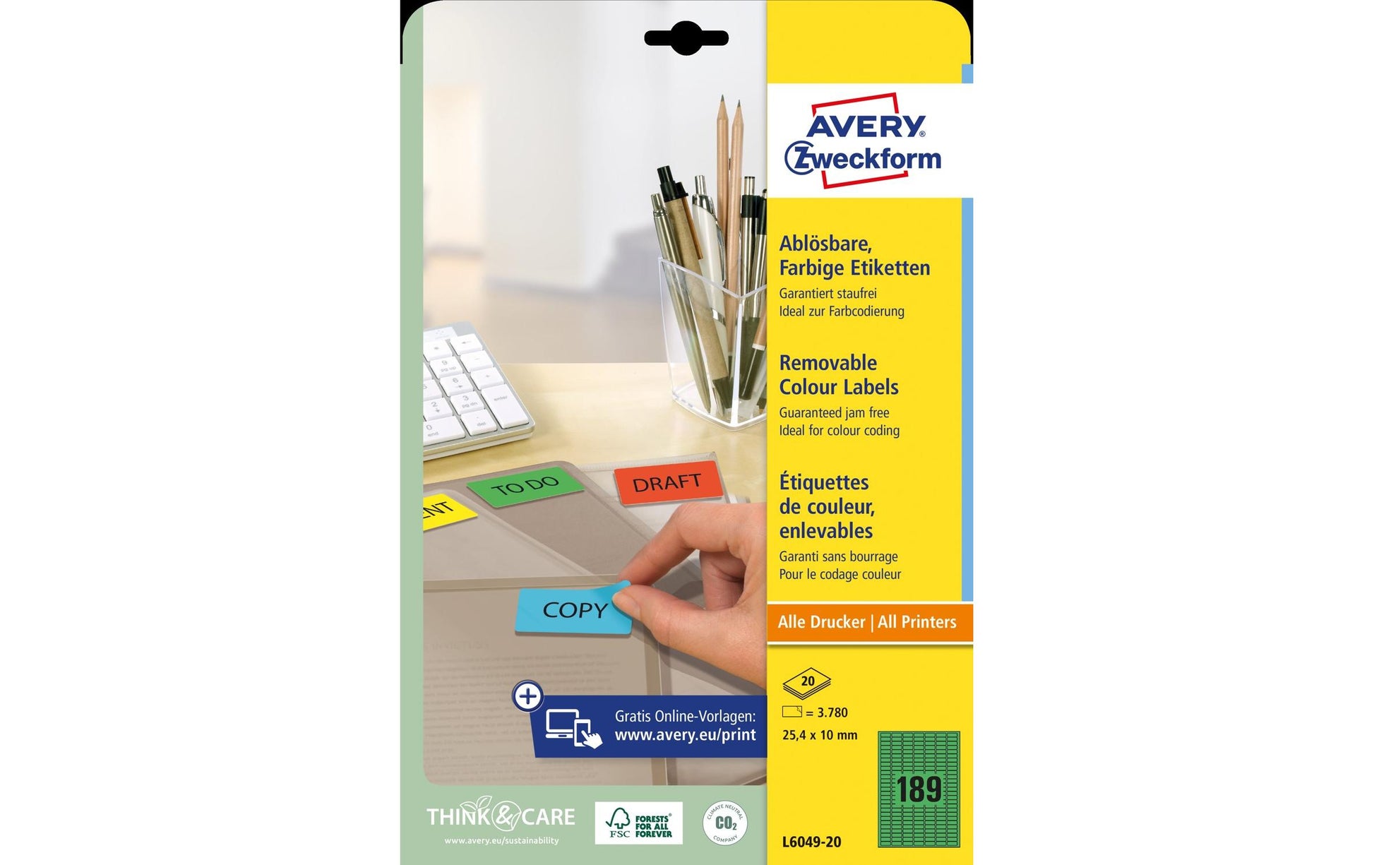 AVERY Zweckform L6049-20 – Etiketten A4 25 × 10 mm – Papier, grün – 189 pro Blatt, 20 Blätter – für Inkjet, Laser