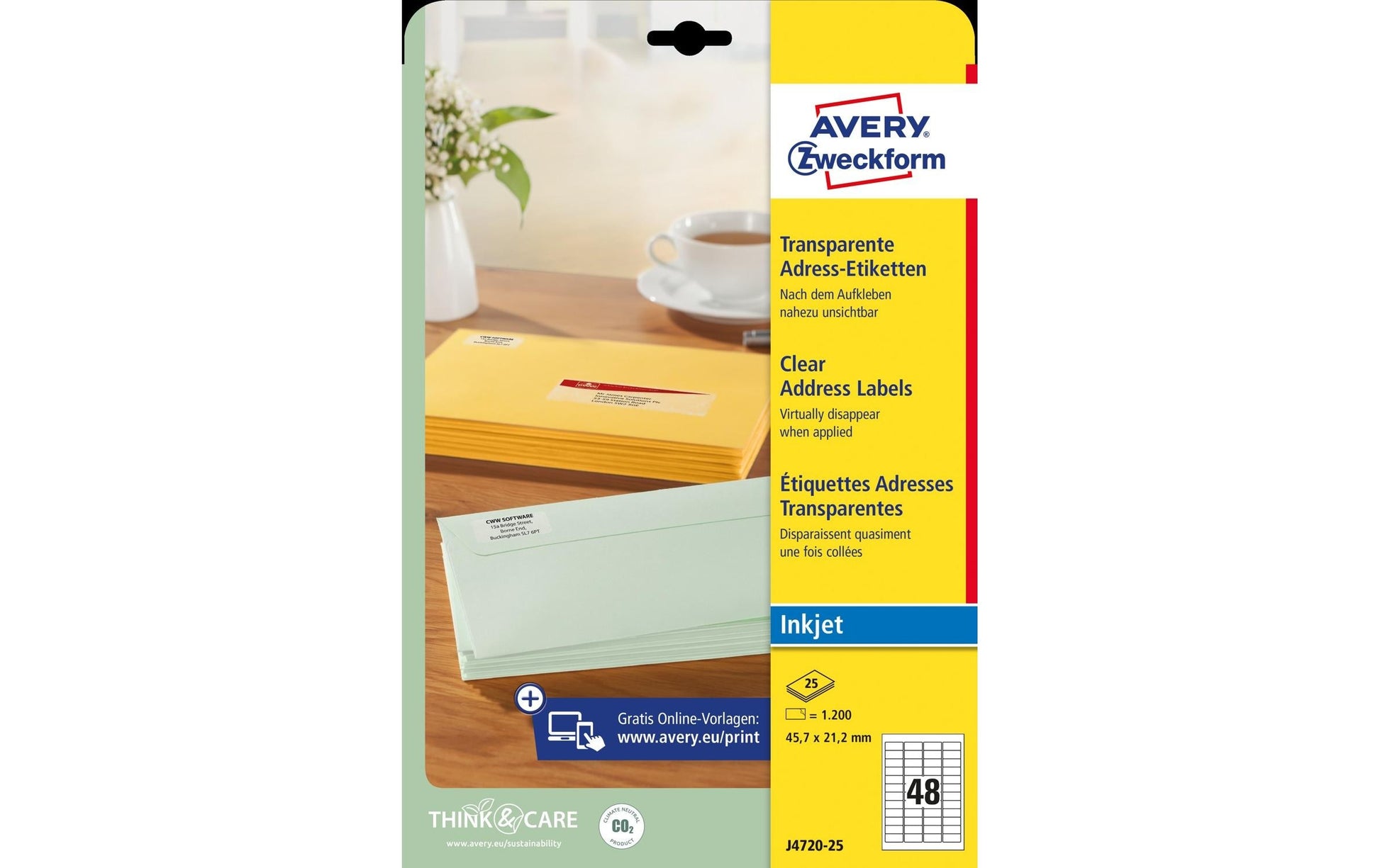 Avery Inkjet-Etiketten, 46 mm × 21 mm, transparent, Folie, permanent, 25 Blatt (1'200 Etiketten)