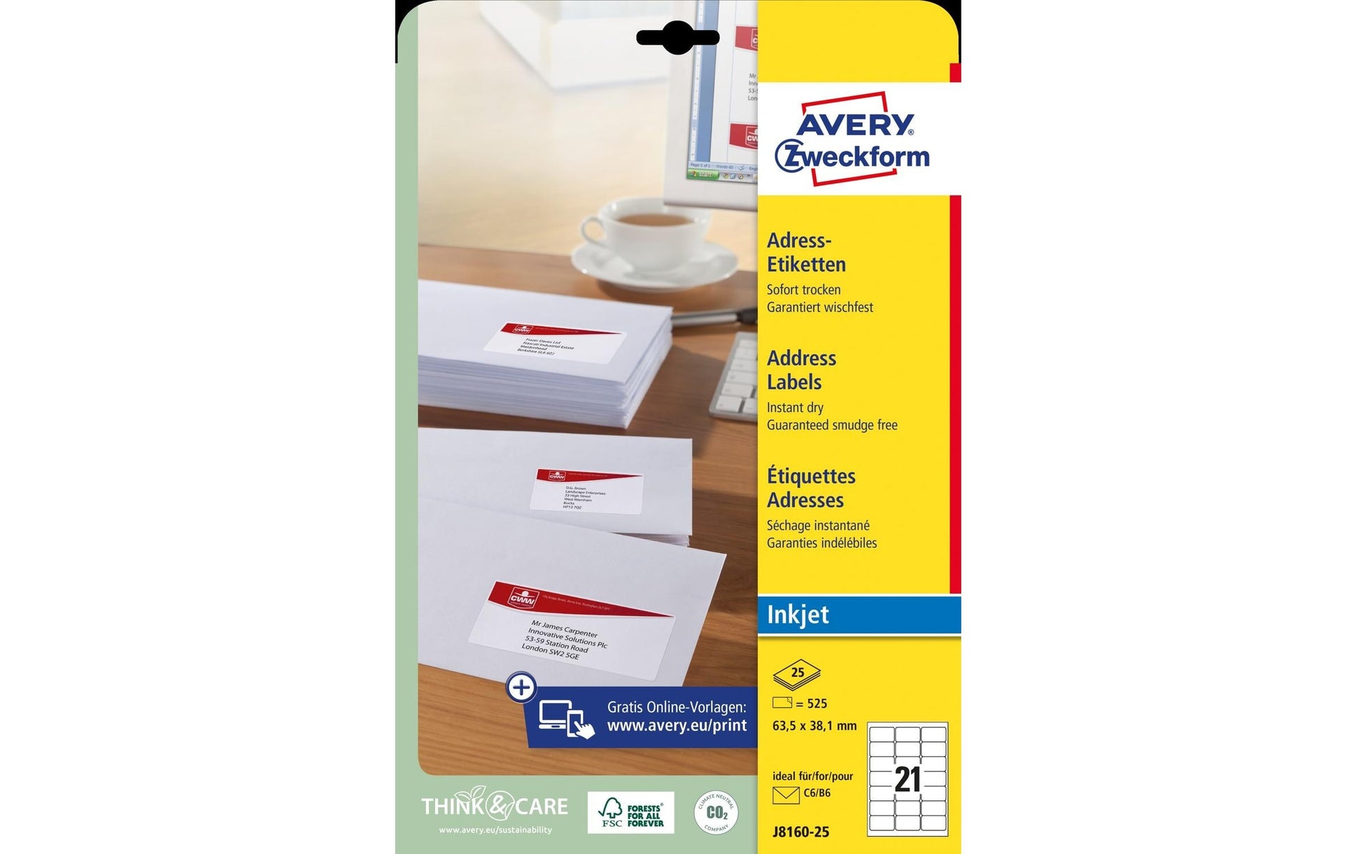 Avery Adress-Etiketten, 64 mm × 38 mm, weiss, Papier, permanent, 25 Blatt (525 Etiketten)