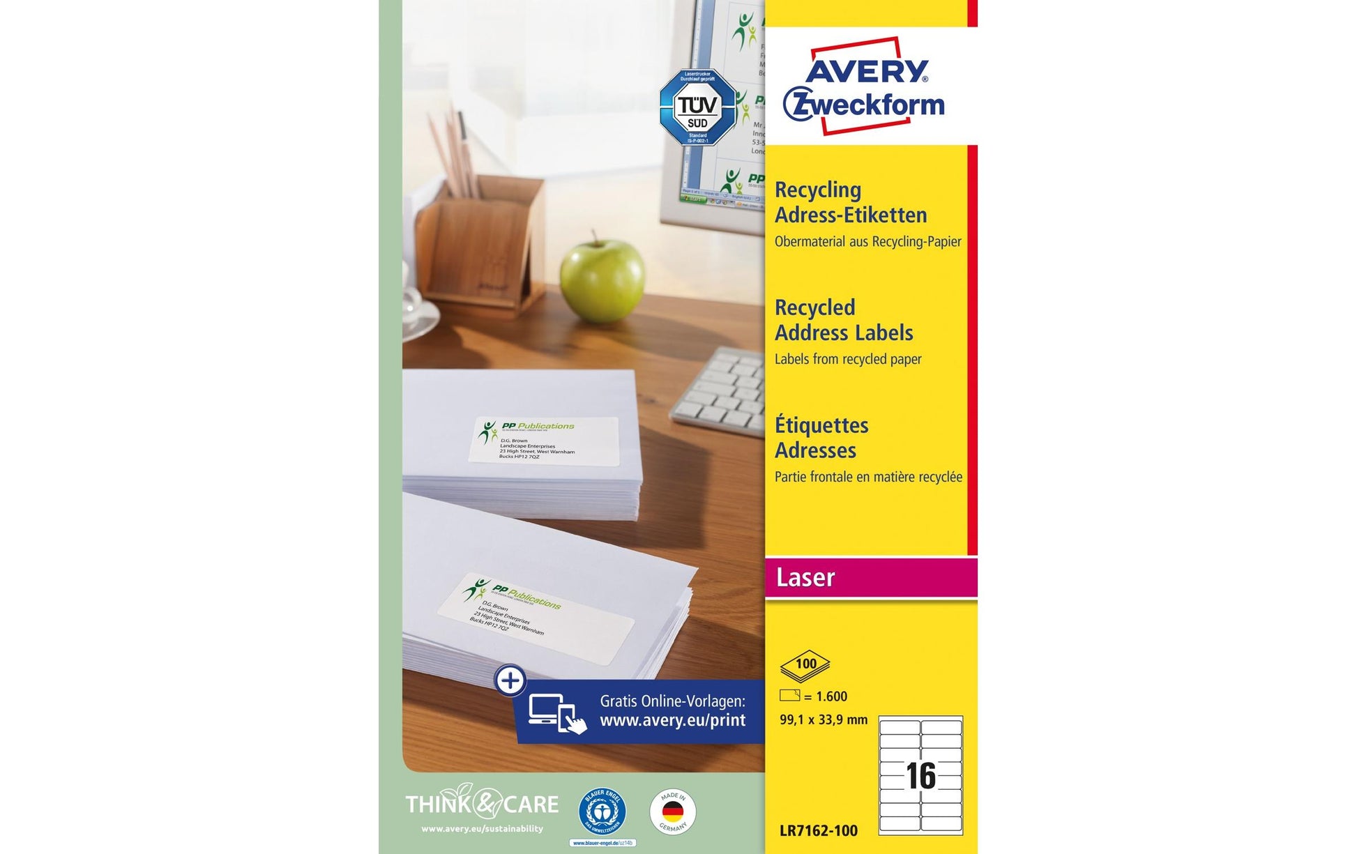 Avery Zweckform – Etiketten A4 99 × 34 mm – Papier, weiss – Laser/Inkjet – 16 pro Blatt, 100 Blätter