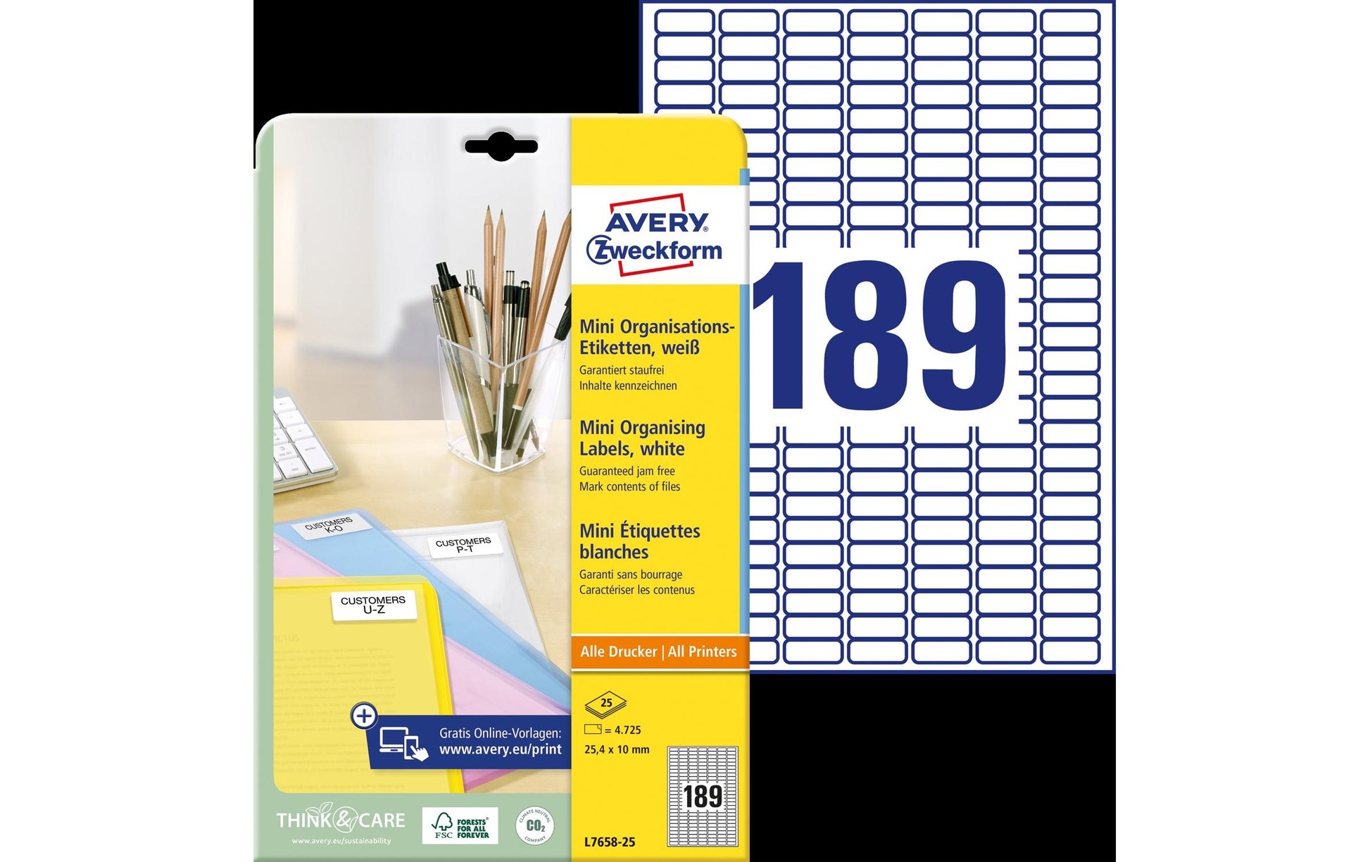 Avery Zweckform – Druckeretiketten, 25 mm × 10 mm, weiss, Papier, permanent, 25 Blätter, 4725 Etiketten