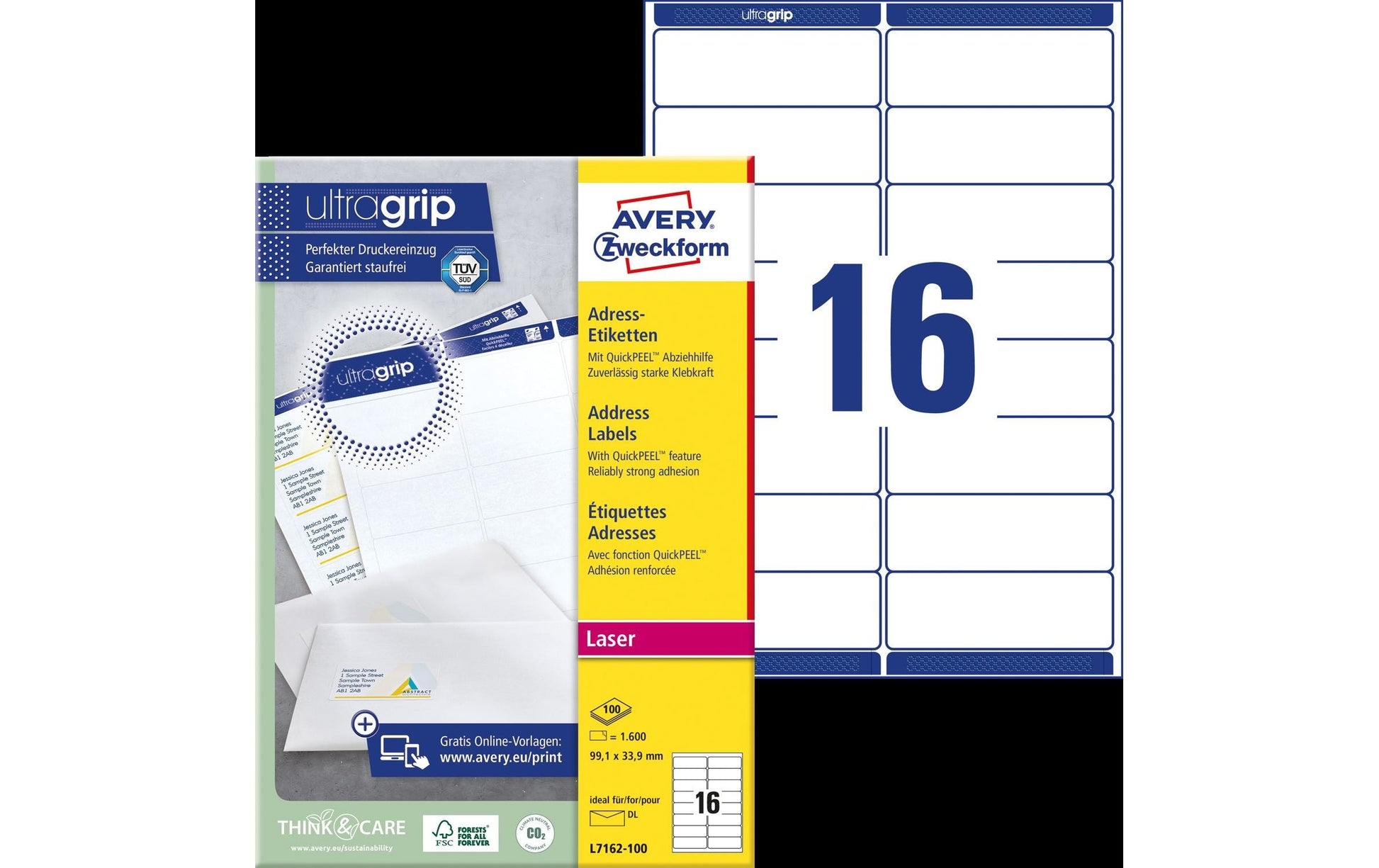 Avery L7162-100 – Etiketten A4 99 × 34 mm – Papier, weiss – Laser – 16 pro Blatt, 100 Blätter (1'600 Stk.)