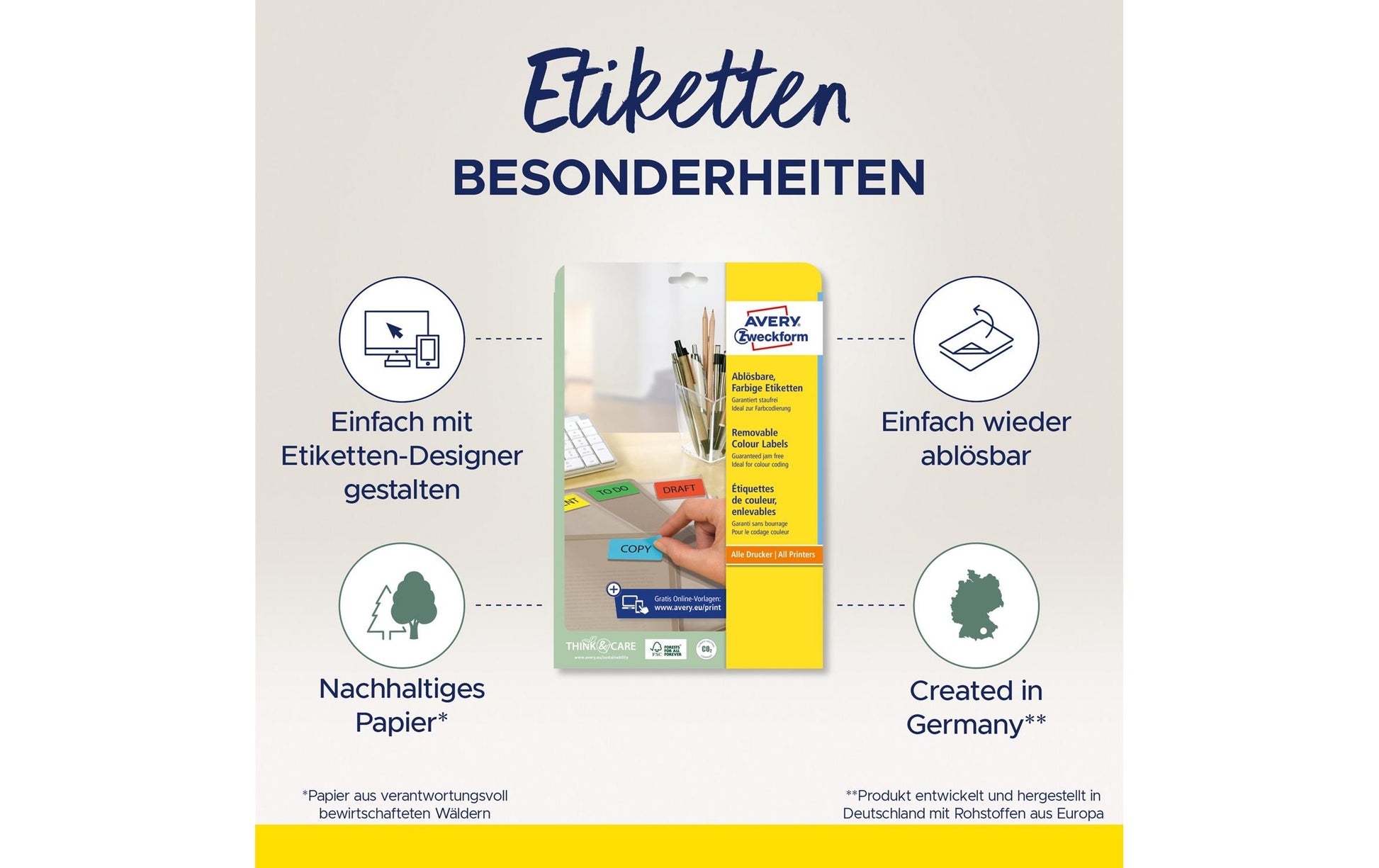 AVERY Zweckform – Etiketten A4 46 × 21 mm – Papier, grün – wiederablösbar – Laser/Inkjet – 48 pro Blatt, 20 Blätter