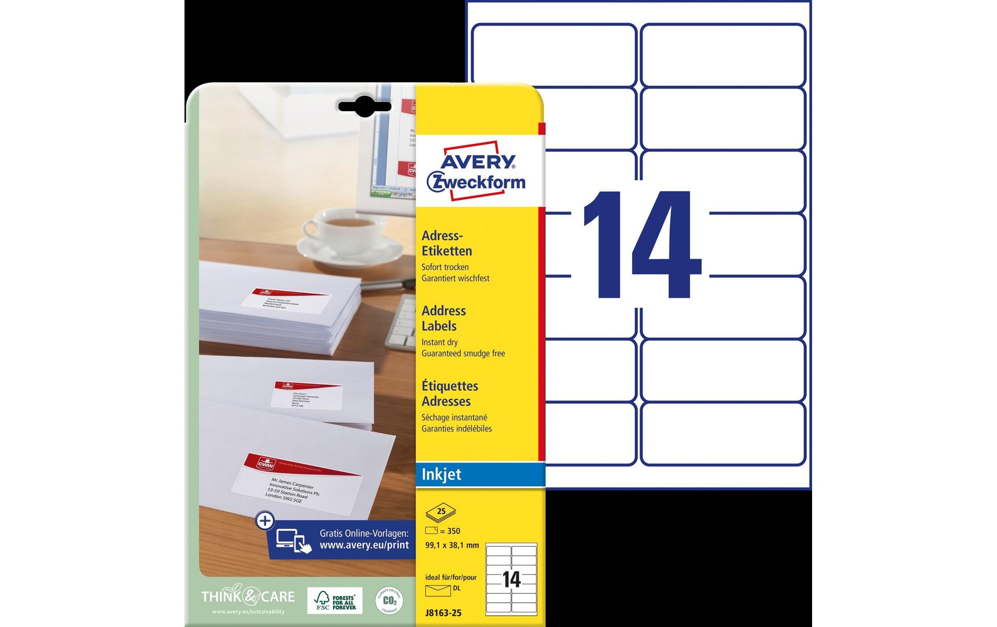 Avery Adress-Etiketten, 99 mm × 38 mm, weiss, Papier, permanent, 25 Blatt (350 Etiketten)