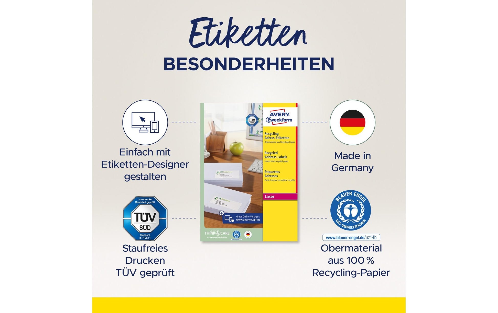Avery Zweckform – Etiketten A4 99 × 34 mm – Papier, weiss – Laser/Inkjet – 16 pro Blatt, 100 Blätter