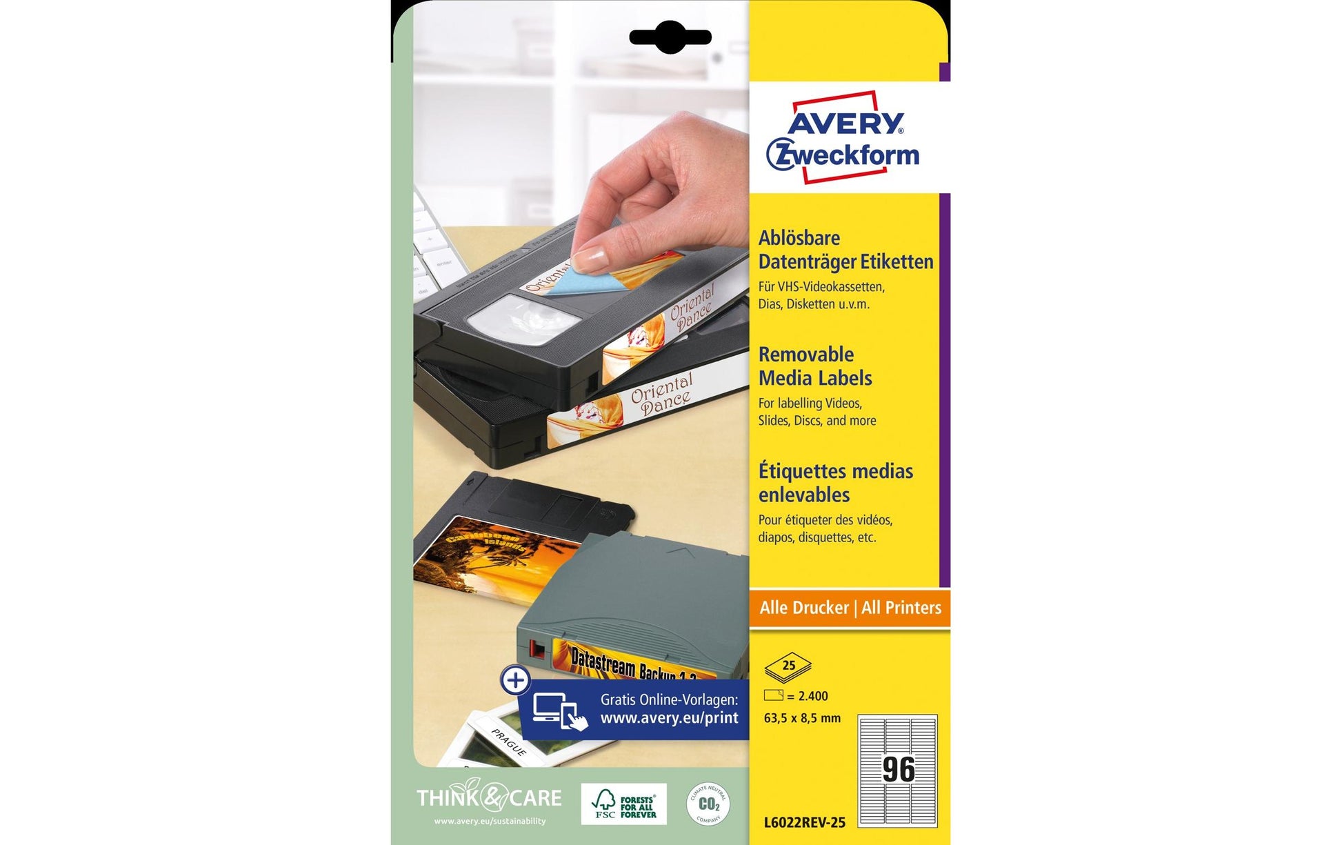 Avery L6022REV-25 – Etiketten A4 63,5 × 8,5 mm – Papier, weiss – wiederablösbar – 96/Blatt, 25 Blätter