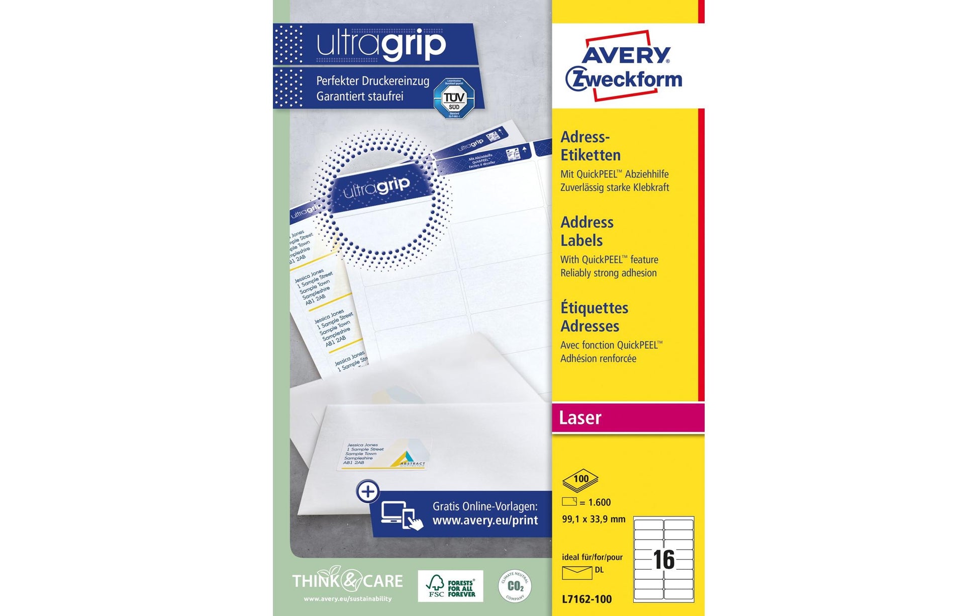 Avery L7162-100 – Etiketten A4 99 × 34 mm – Papier, weiss – Laser – 16 pro Blatt, 100 Blätter (1'600 Stk.)