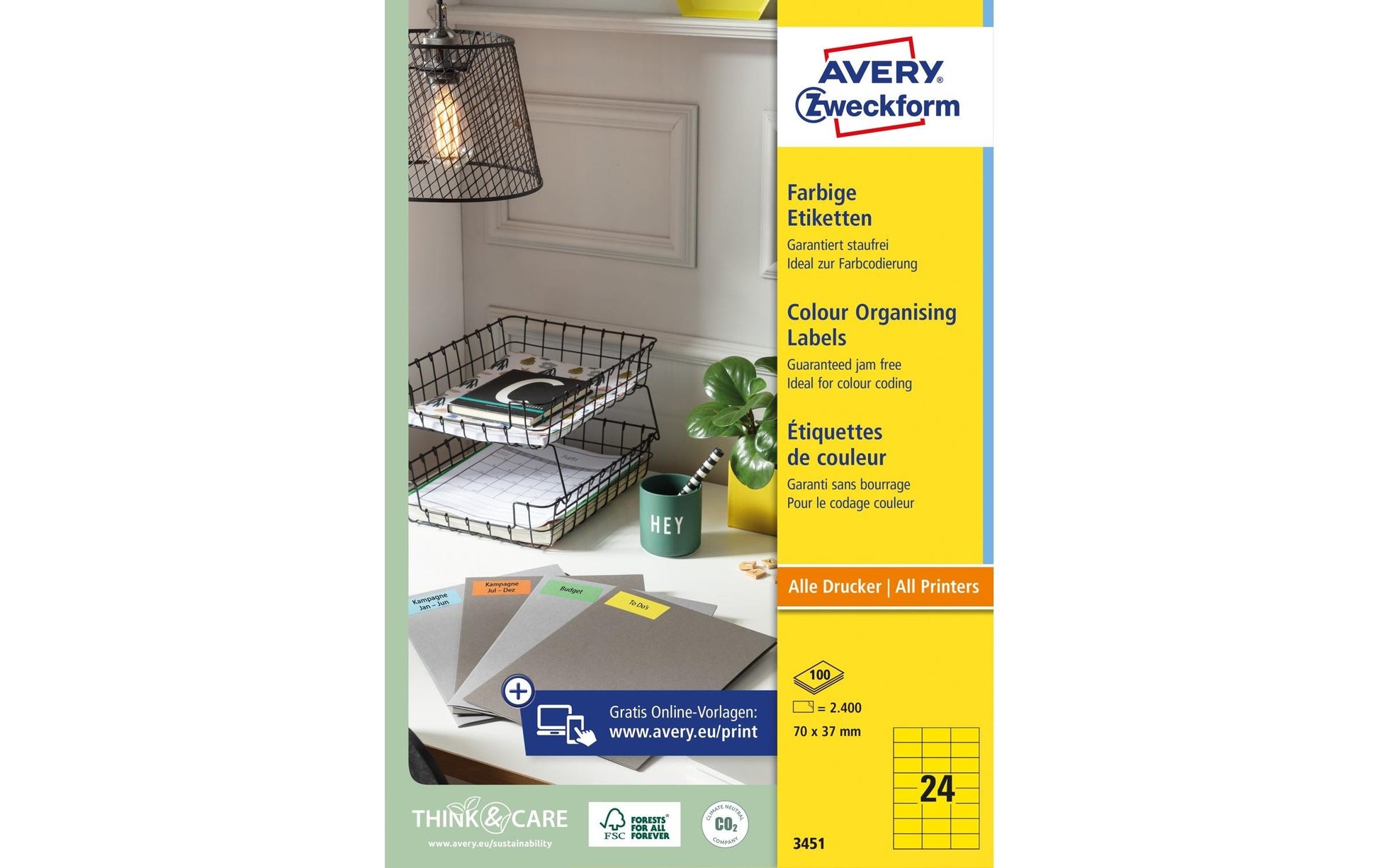 Avery Zweckform Schuletiketten – 70 × 37 mm, 2400 Stk, 100 Bogen, Papier, permanent haftend