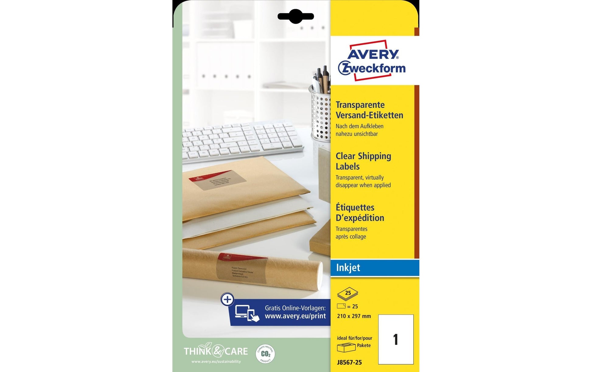 Avery Drucketiketten, 210 mm × 297 mm, transparent, Folie, permanent, 25 Blätter