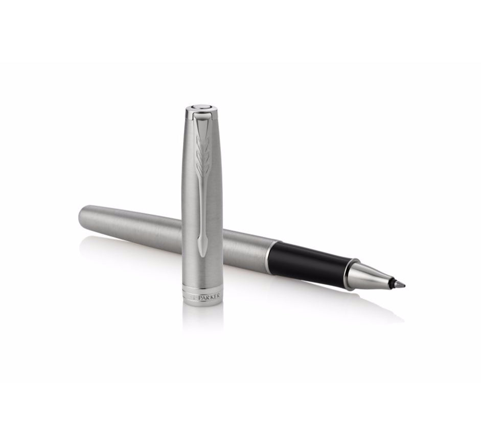 Parker Sonnet Edelstahl – Tintenroller, mit Kappe, 0,5 mm, schwarz, für Linkshänder, Geschenkbox