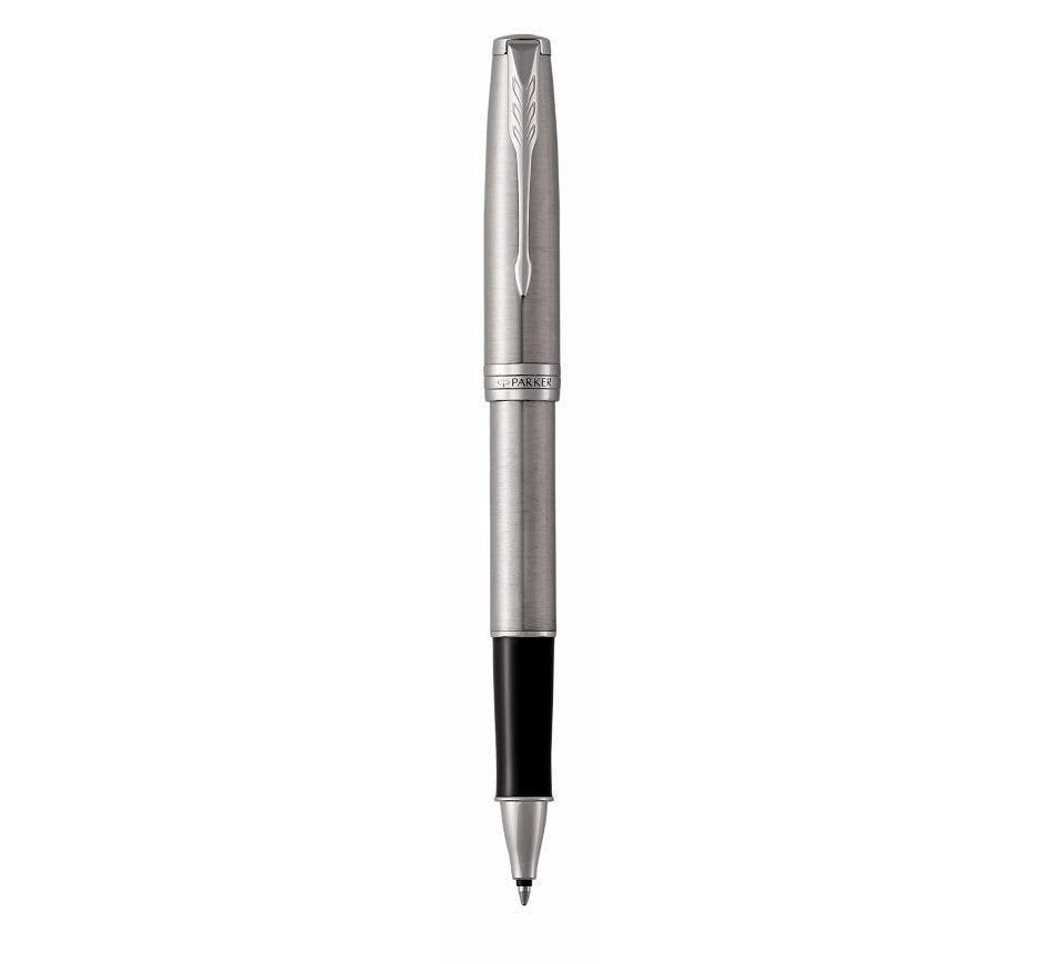 Parker Sonnet Edelstahl – Tintenroller, mit Kappe, 0,5 mm, schwarz, für Linkshänder, Geschenkbox