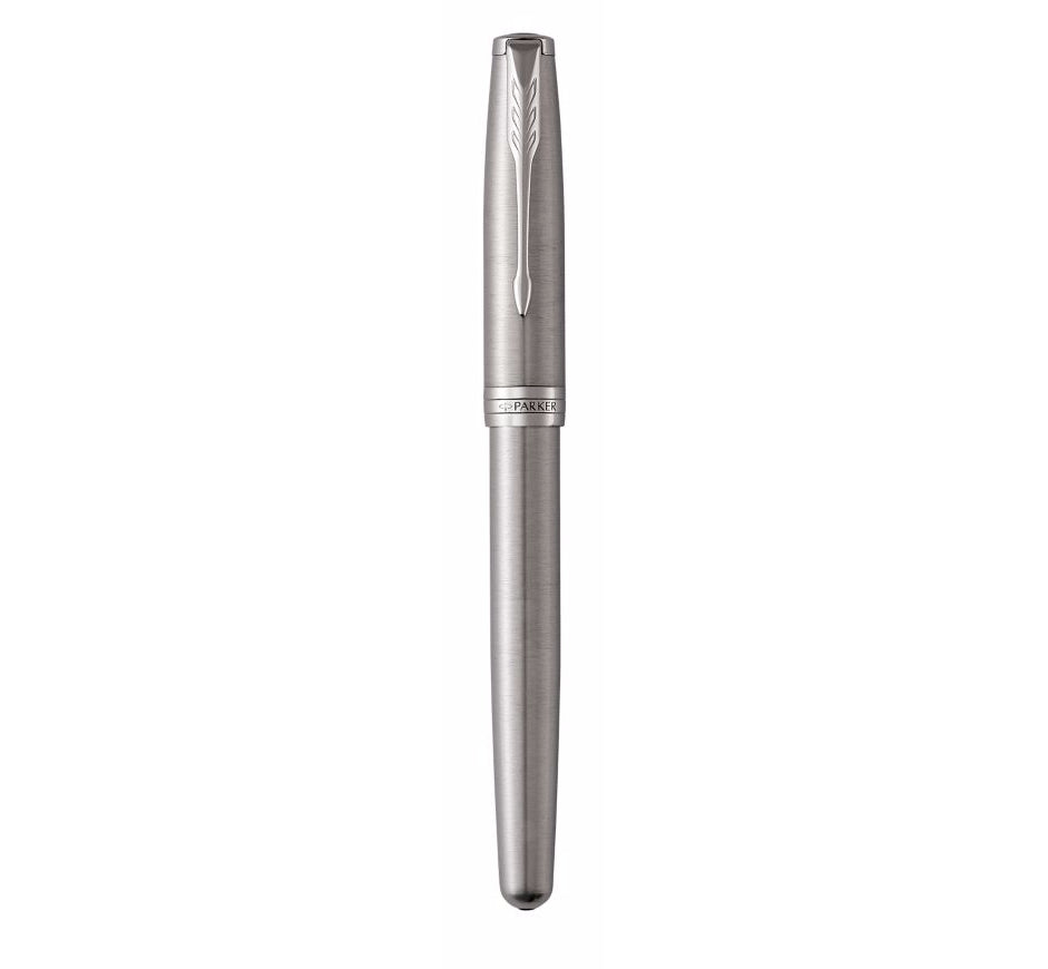 Parker Sonnet Edelstahl – Tintenroller, mit Kappe, 0,5 mm, schwarz, für Linkshänder, Geschenkbox