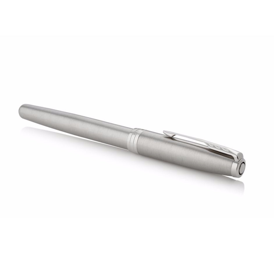 Parker Sonnet Edelstahl – Tintenroller, mit Kappe, 0,5 mm, schwarz, für Linkshänder, Geschenkbox