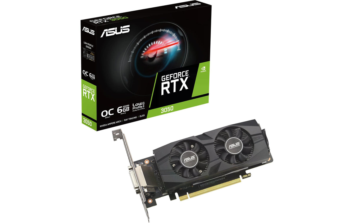 ASUS RTX3050-O6G-LP-BRK – PCIe Grafikkarte – 6 GB GDDR6, 1×HDMI 2.1, 1×DisplayPort 1.4a, 1×DVI-D, PCIe 4.0