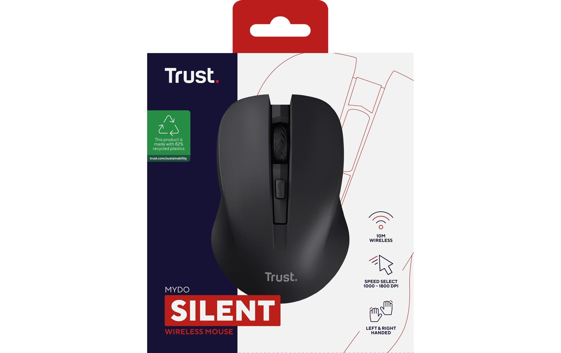 Trust Mydo Silent – Maus – Kabellos (2,4 GHz), 1800 DPI, beidhändig, Schwarz