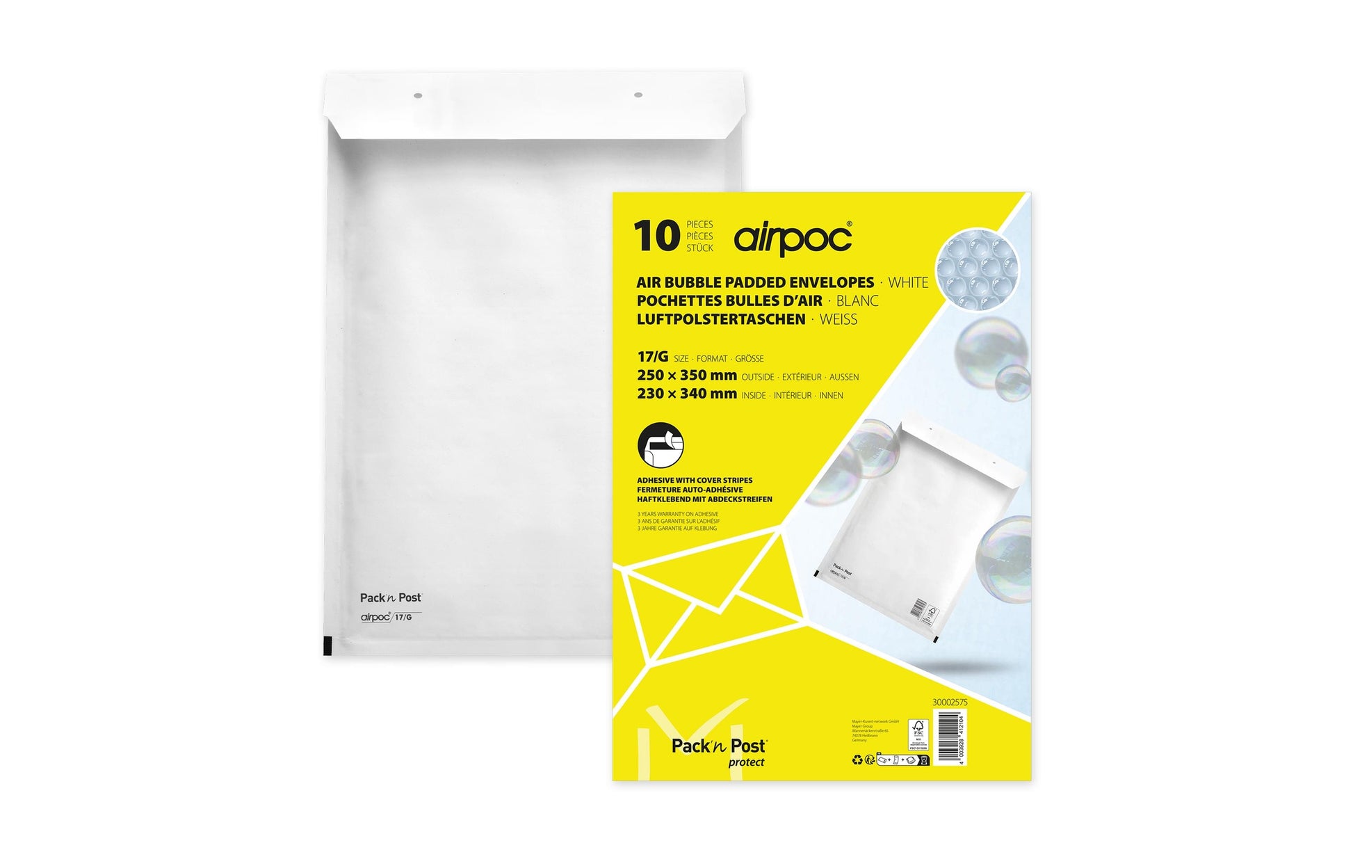 Office Focus Luftpolstertasche – 240 × 340 × 240 mm, selbstklebend, weiss, Papier – 10 Stk.