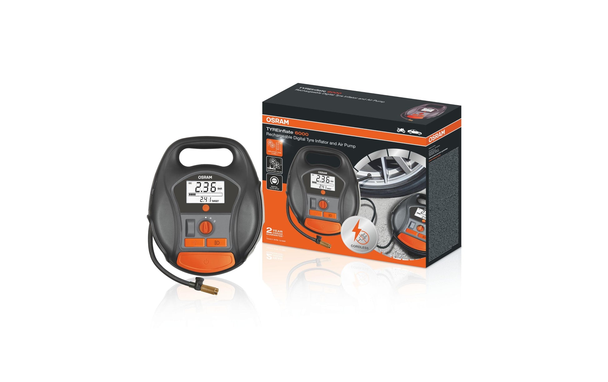 OSRAM Elektrische Reifenpumpe TYREinflate 6000 – 12 V – für Fahrradreifen – 5,5 bar – Druckvoreinstellung