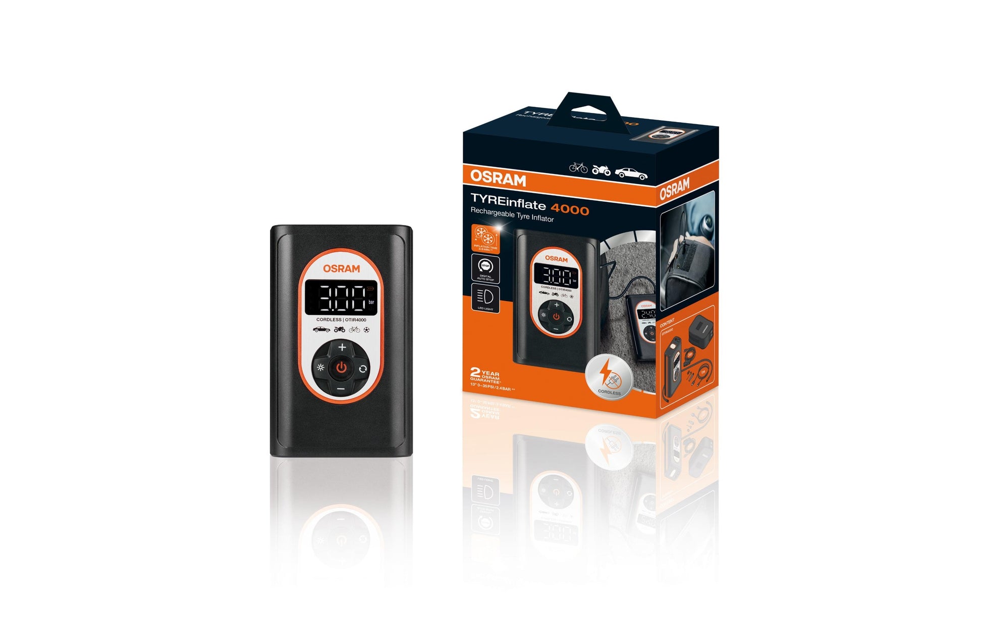 Osram TYREinflate 4000 – 12 V – 8,3 bar – mit Druckvoreinstellung – für Fahrrad-, Motorrad- und Autoreifen